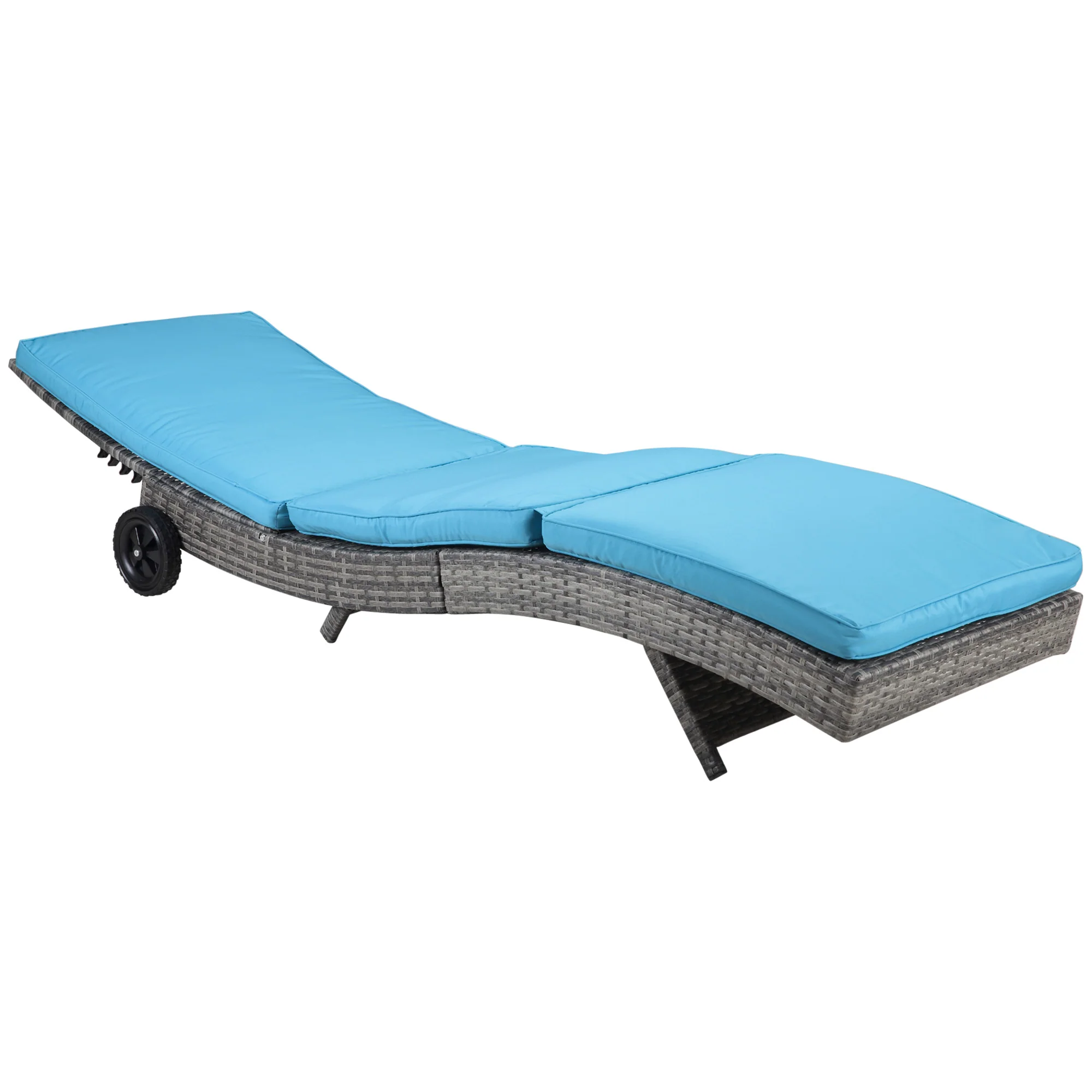 Outdoor Patio Adjustable Wicker Chaise Lounge Chair with Cushion & Wheels, Sky Blue - Image 2