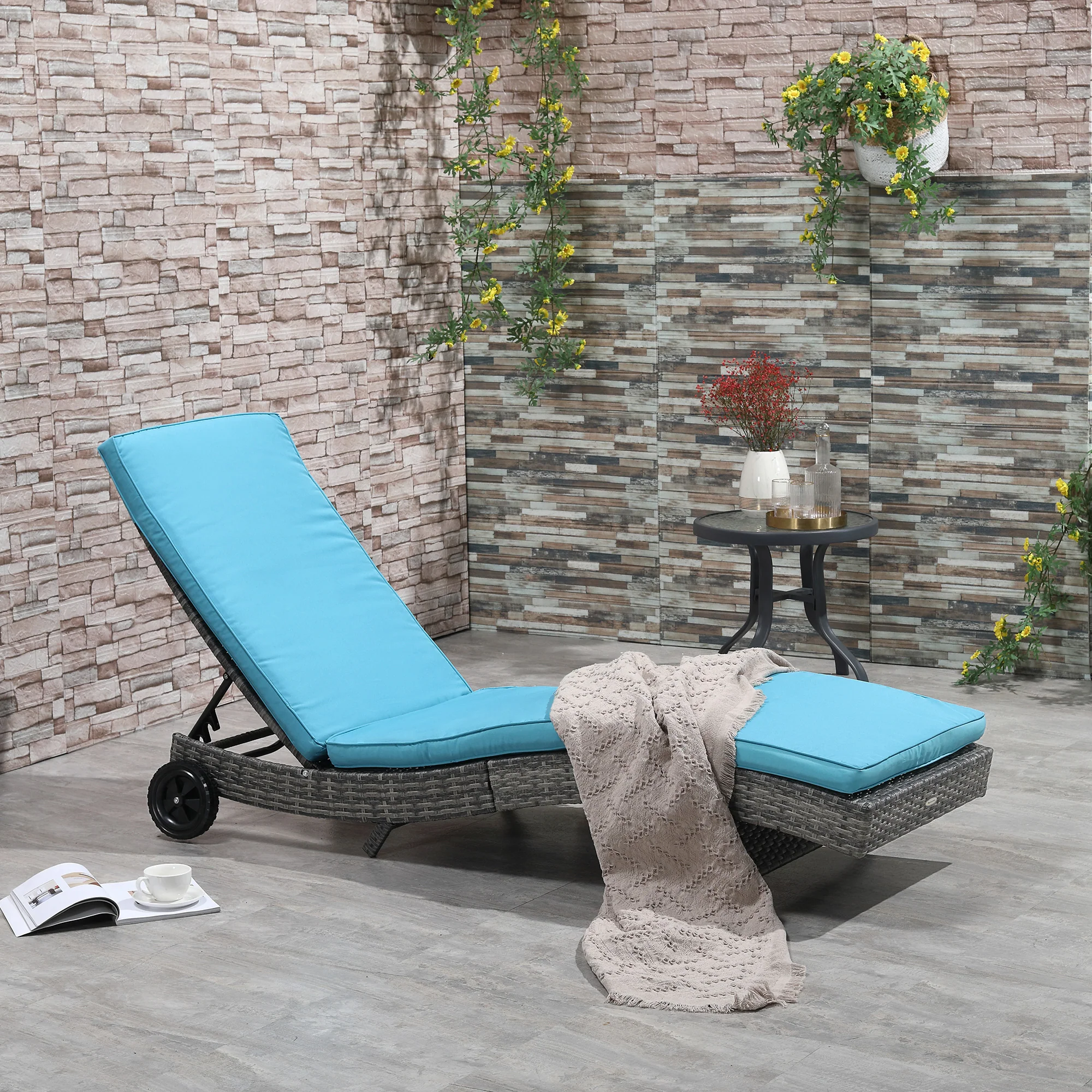 Outdoor Patio Adjustable Wicker Chaise Lounge Chair with Cushion & Wheels, Sky Blue - Image 3