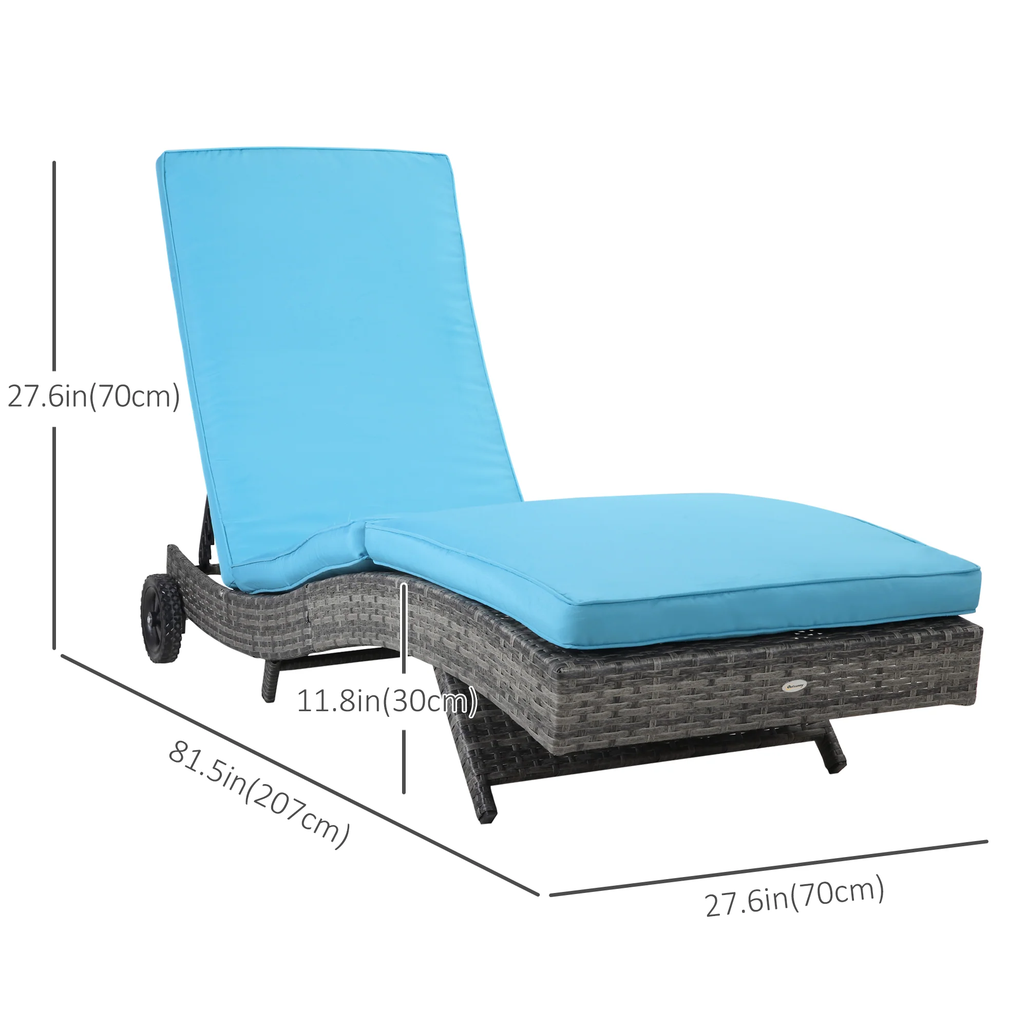 Outdoor Patio Adjustable Wicker Chaise Lounge Chair with Cushion & Wheels, Sky Blue - Image 5