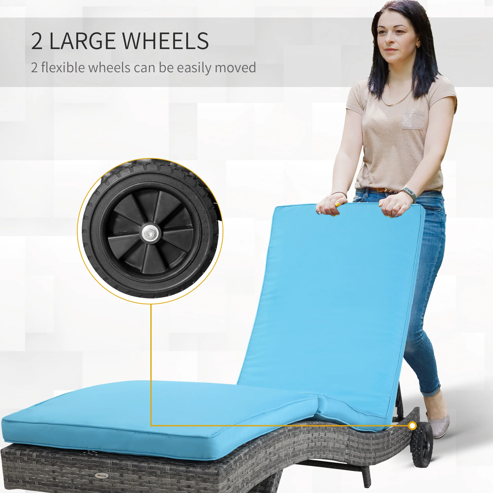 Outdoor Patio Adjustable Wicker Chaise Lounge Chair with Cushion & Wheels, Sky Blue - Image 6