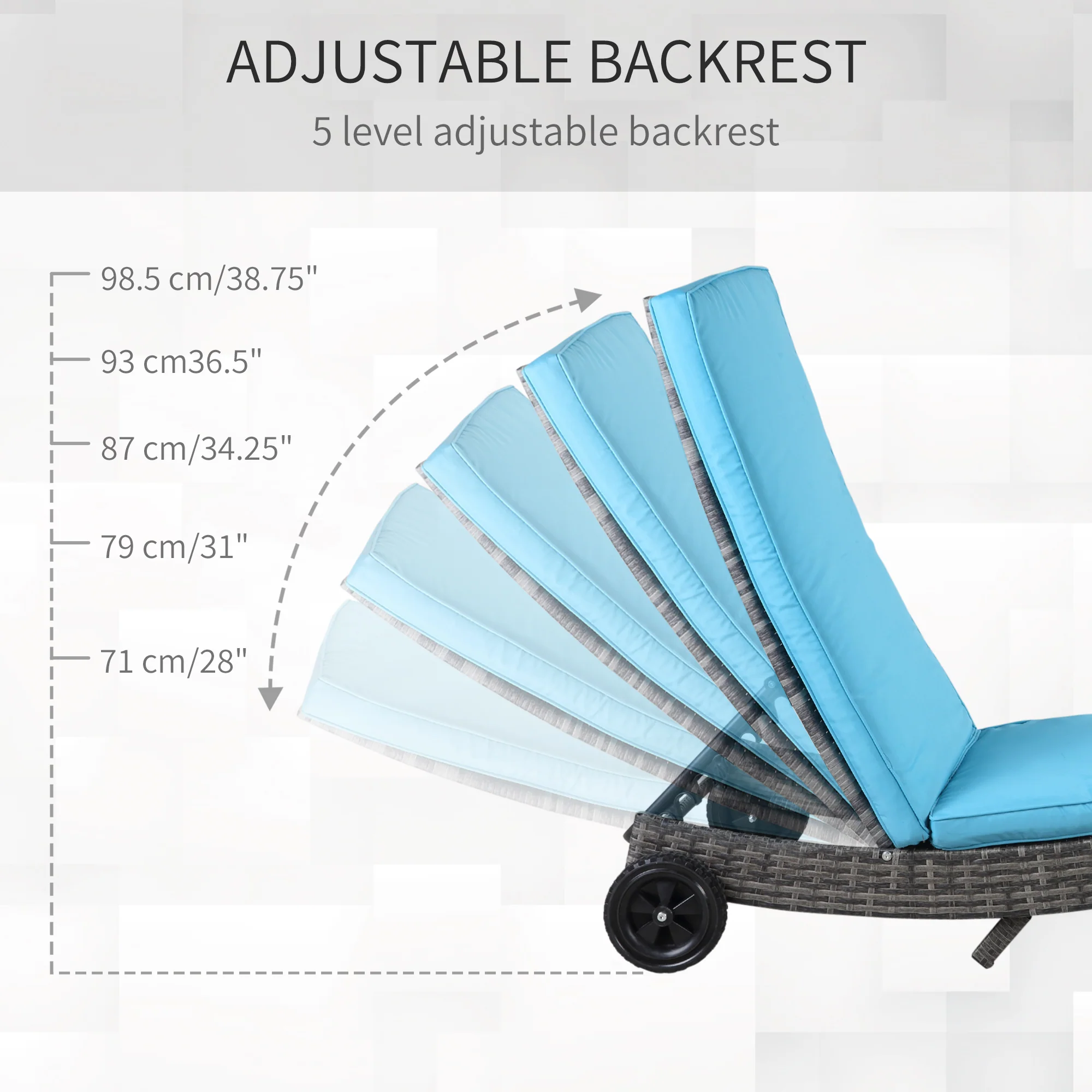 Outdoor Patio Adjustable Wicker Chaise Lounge Chair with Cushion & Wheels, Sky Blue - Image 7