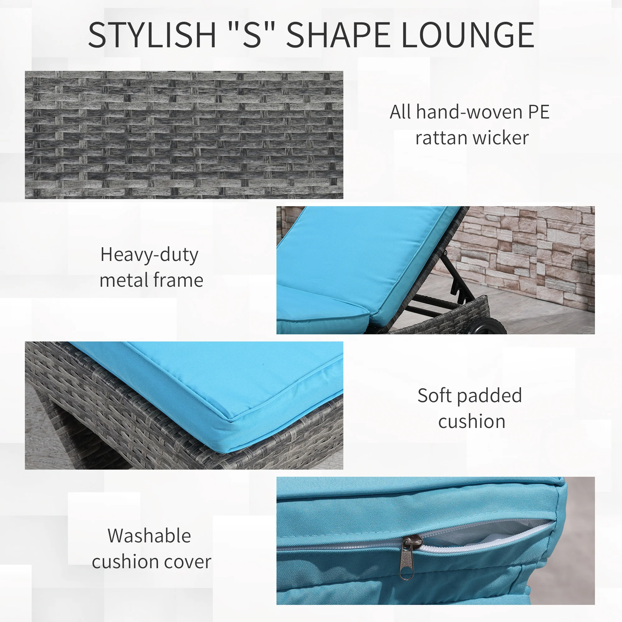 Outdoor Patio Adjustable Wicker Chaise Lounge Chair with Cushion & Wheels, Sky Blue - Image 8