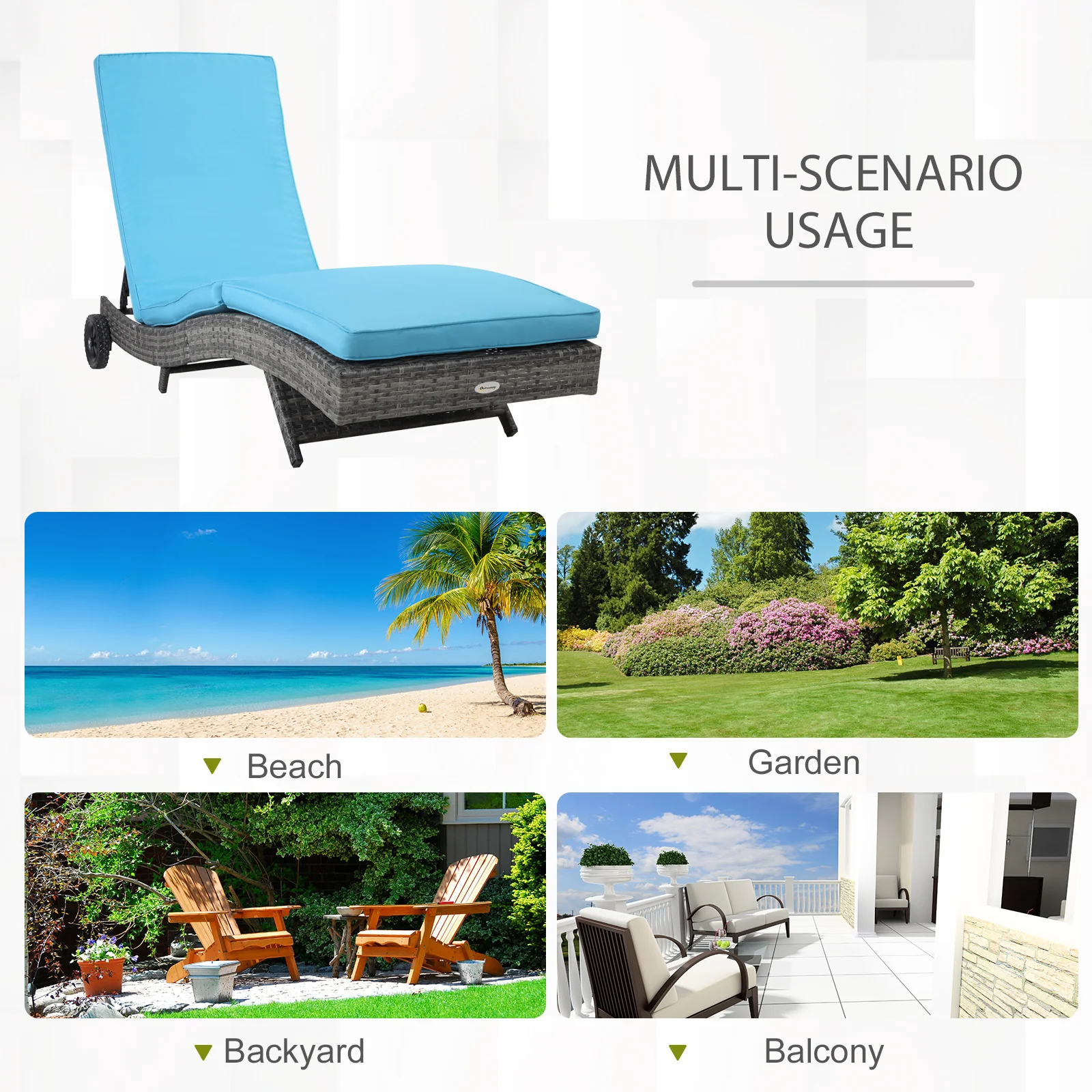 Outdoor Patio Adjustable Wicker Chaise Lounge Chair with Cushion & Wheels, Sky Blue - Image 9