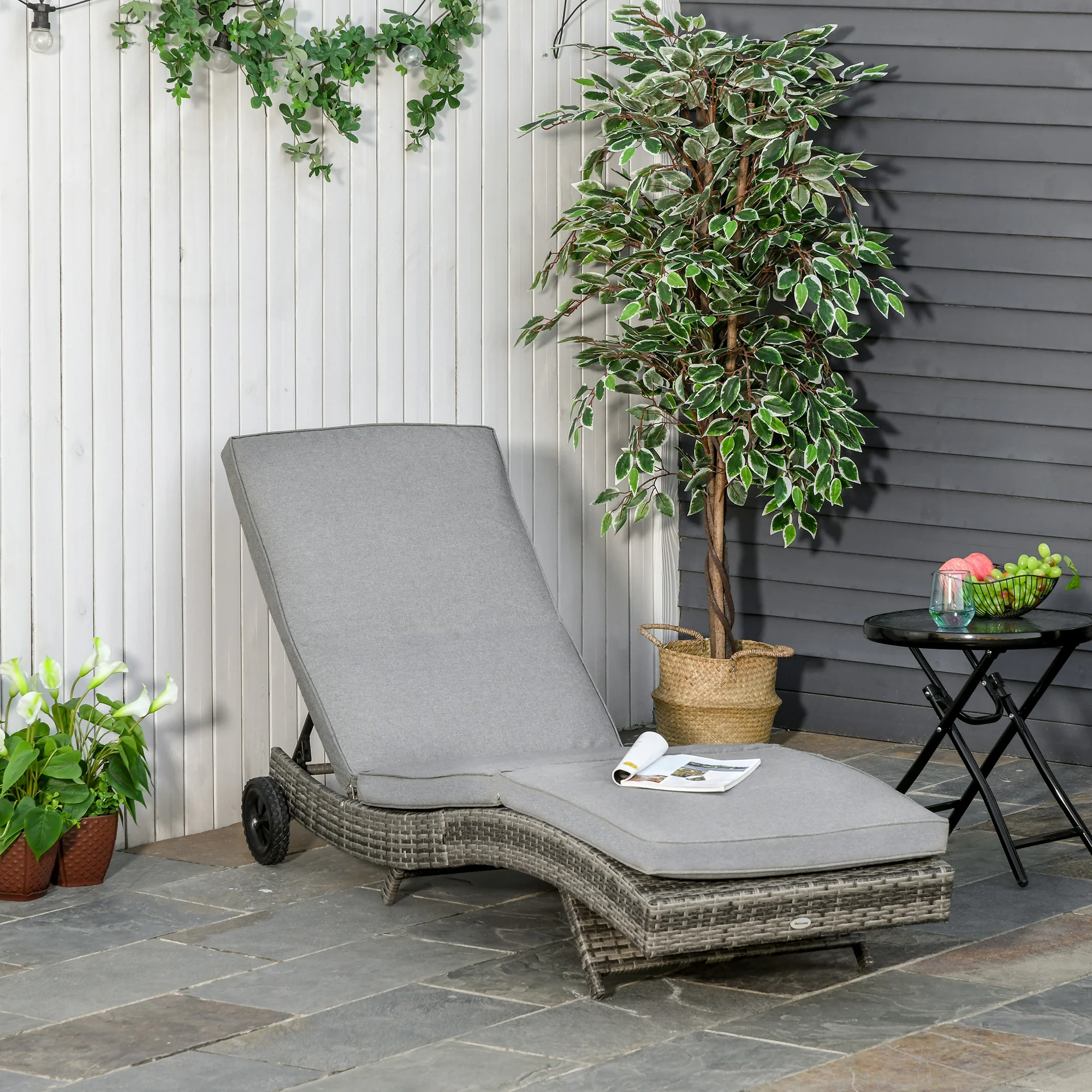 Outdoor Patio Adjustable Wicker Chaise Lounge Chair with Cushion & Wheels, Grey - Image 3