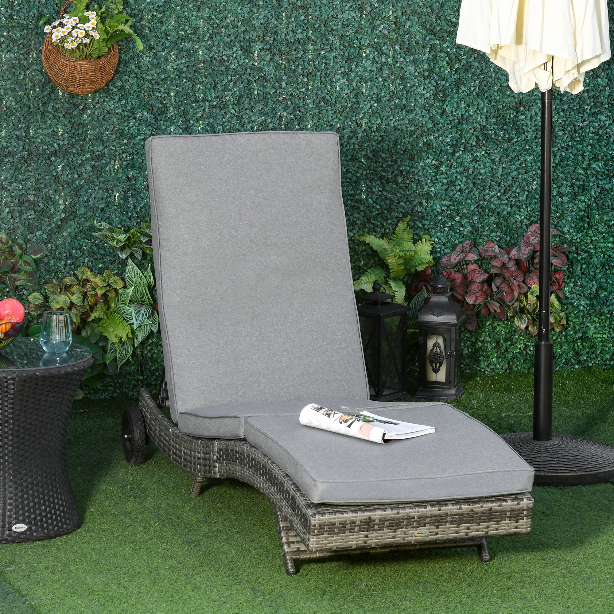 Outdoor Patio Adjustable Wicker Chaise Lounge Chair with Cushion & Wheels, Grey - Image 4