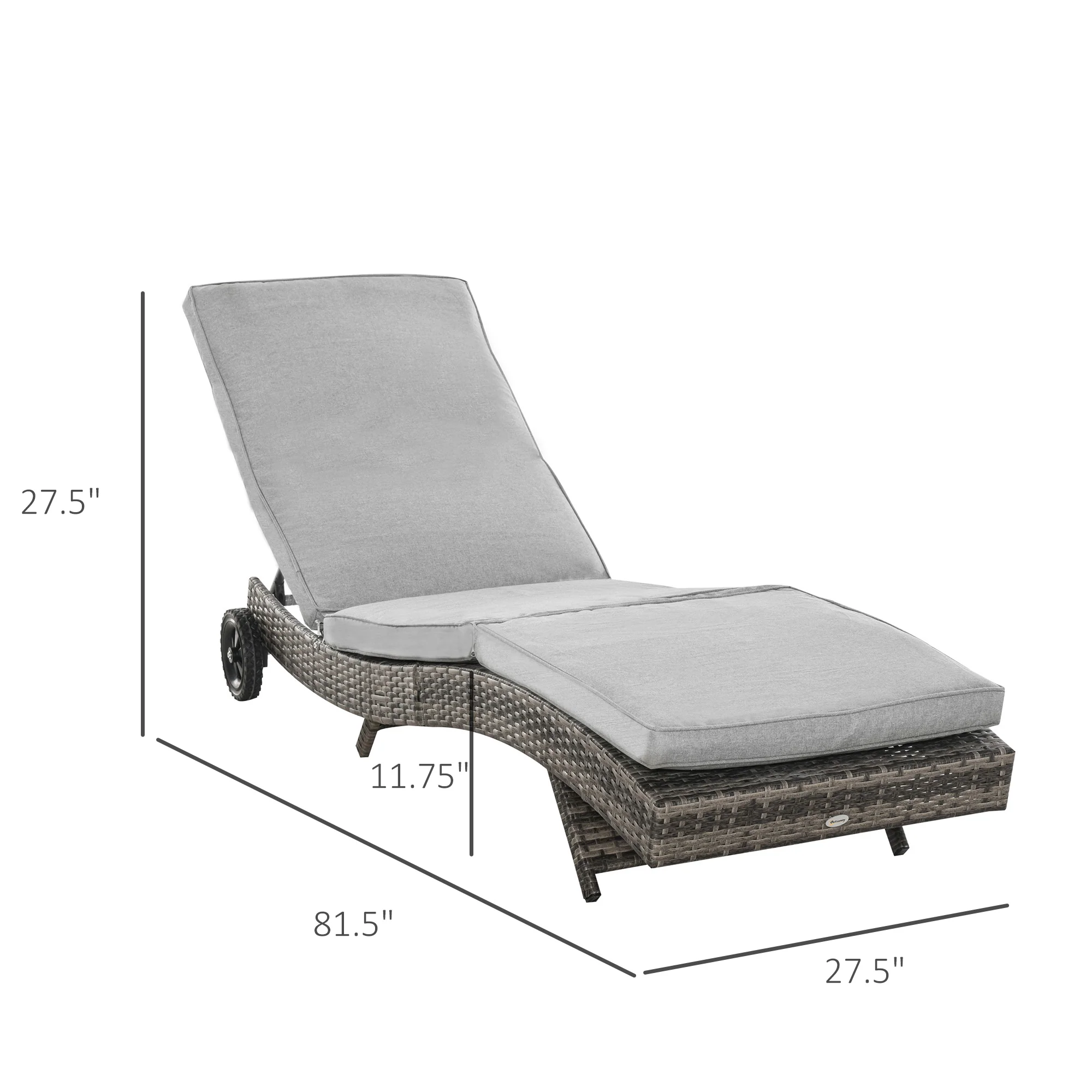 Outdoor Patio Adjustable Wicker Chaise Lounge Chair with Cushion & Wheels, Grey - Image 5