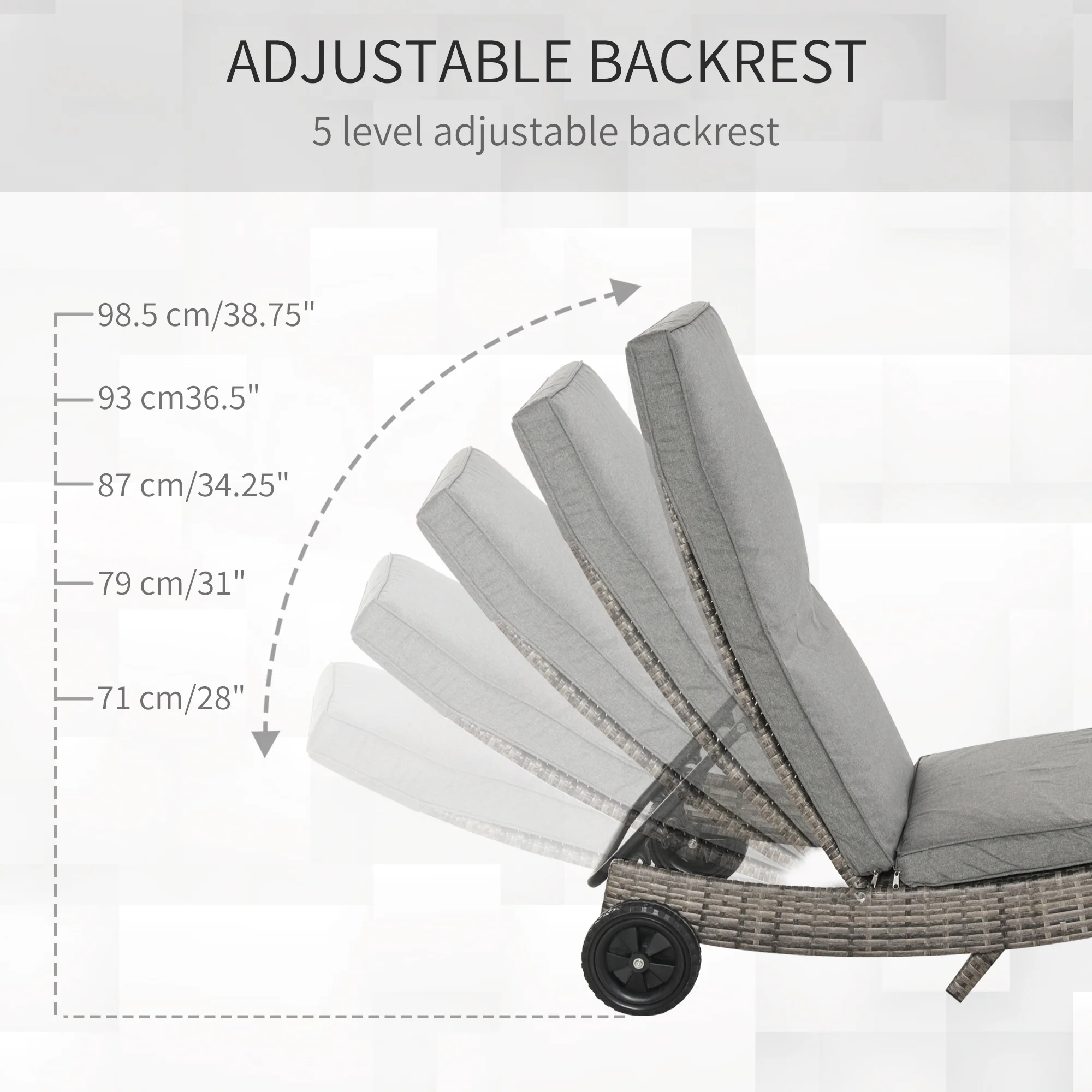 Outdoor Patio Adjustable Wicker Chaise Lounge Chair with Cushion & Wheels, Grey - Image 6