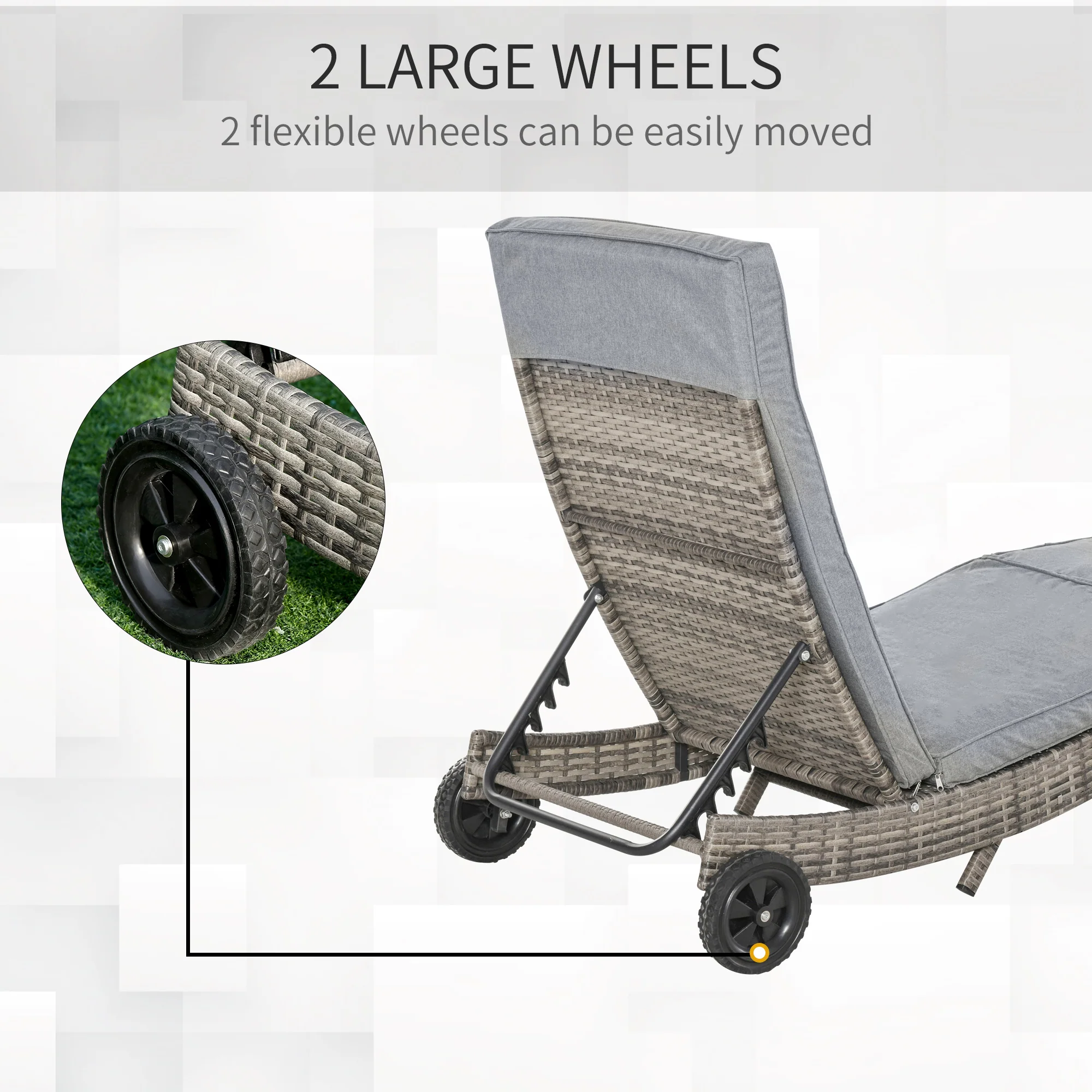 Outdoor Patio Adjustable Wicker Chaise Lounge Chair with Cushion & Wheels, Grey - Image 7