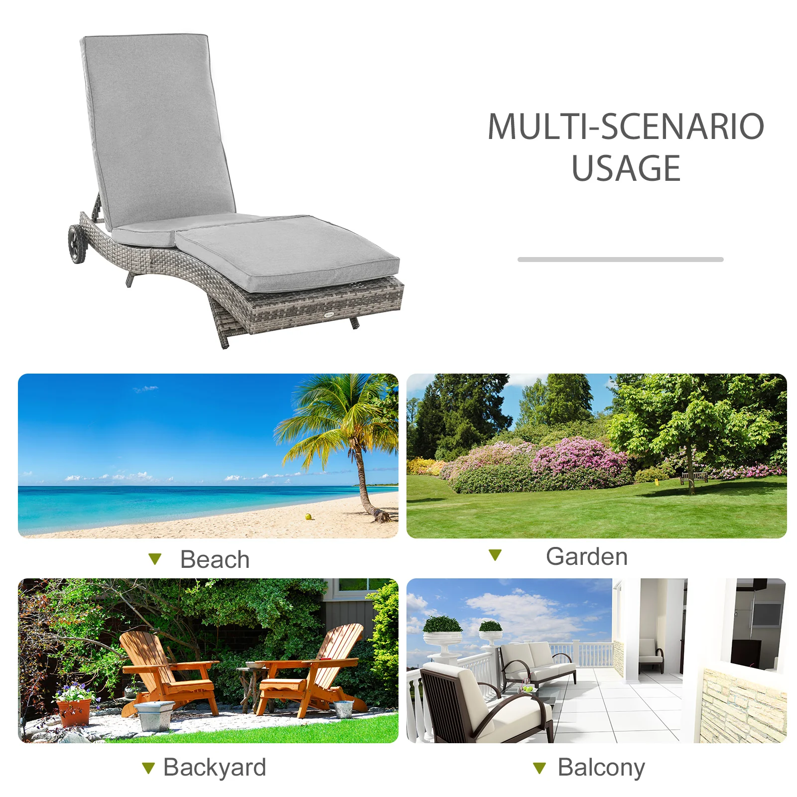 Outdoor Patio Adjustable Wicker Chaise Lounge Chair with Cushion & Wheels, Grey - Image 9