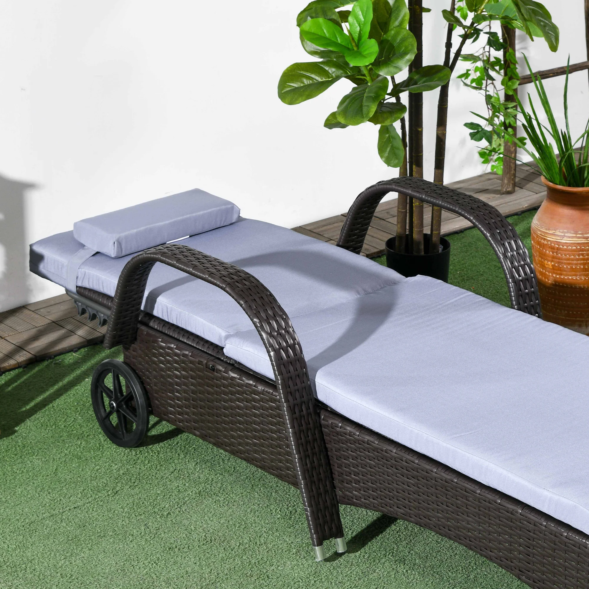 Outdoor Deck Lounge Chair with Headrest, 5-Level Adjustable, Backrest, Wheels, Silver Grey - Image 11
