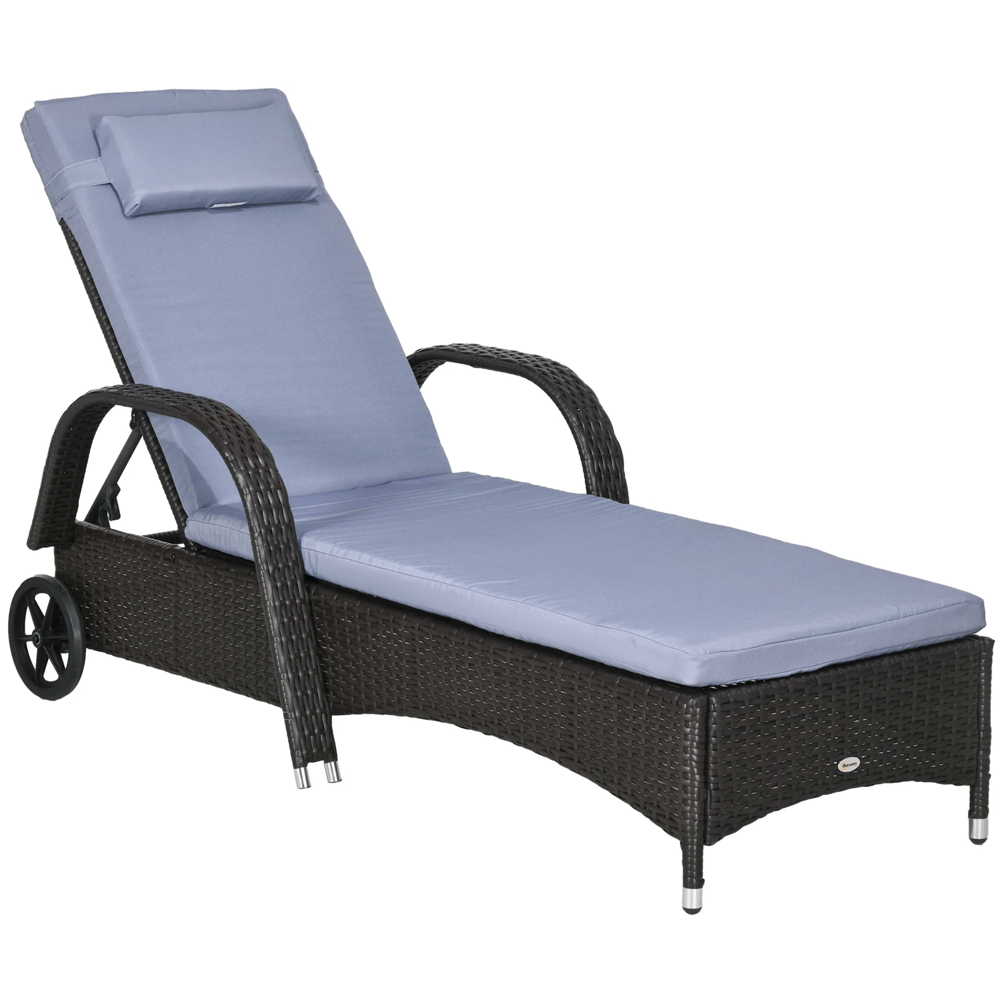 Outdoor Deck Lounge Chair with Headrest, 5-Level Adjustable, Backrest, Wheels, Silver Grey - Image 12