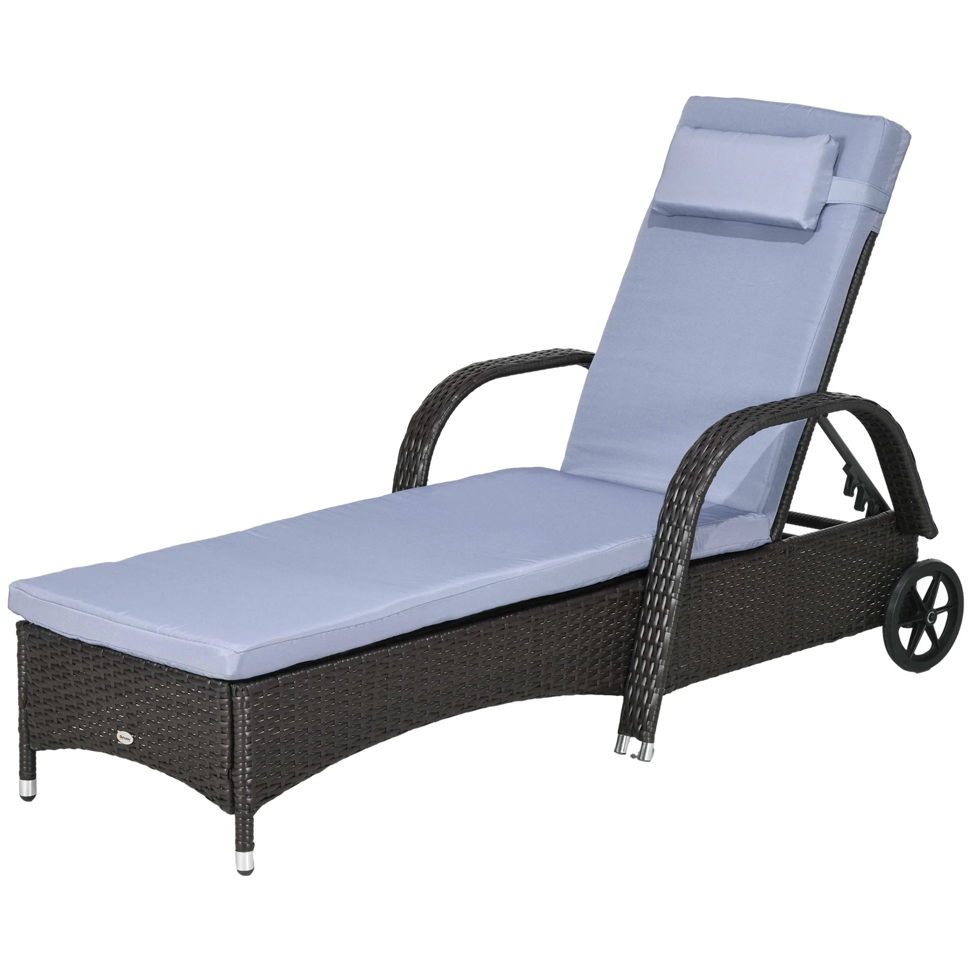 Outdoor Deck Lounge Chair with Headrest, 5-Level Adjustable, Backrest, Wheels, Silver Grey - Image 2