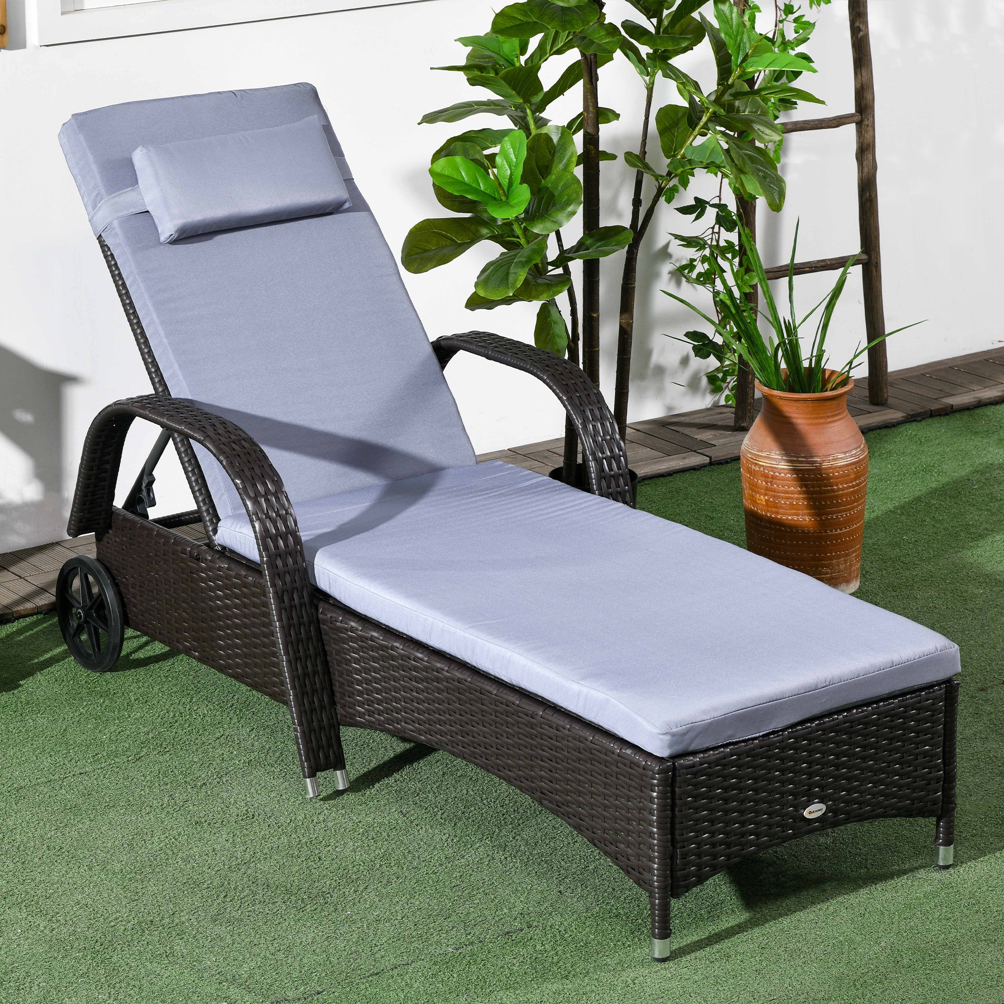 Outdoor Deck Lounge Chair with Headrest, 5-Level Adjustable, Backrest, Wheels, Silver Grey - Image 3