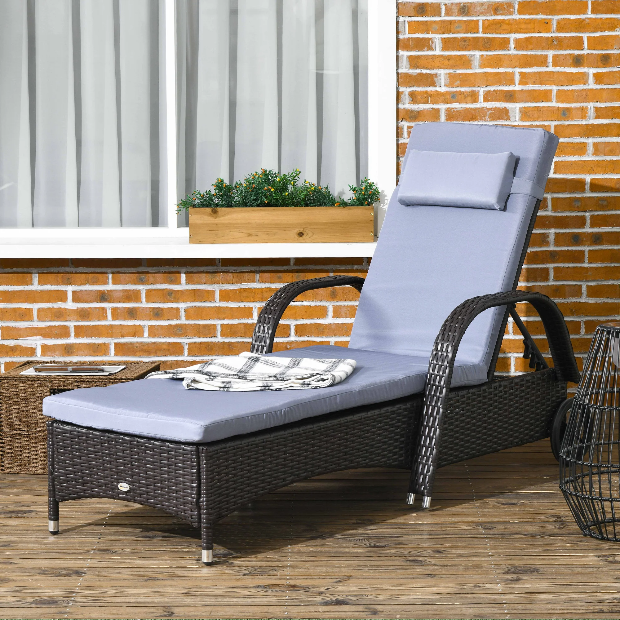 Outdoor Deck Lounge Chair with Headrest, 5-Level Adjustable, Backrest, Wheels, Silver Grey - Image 4