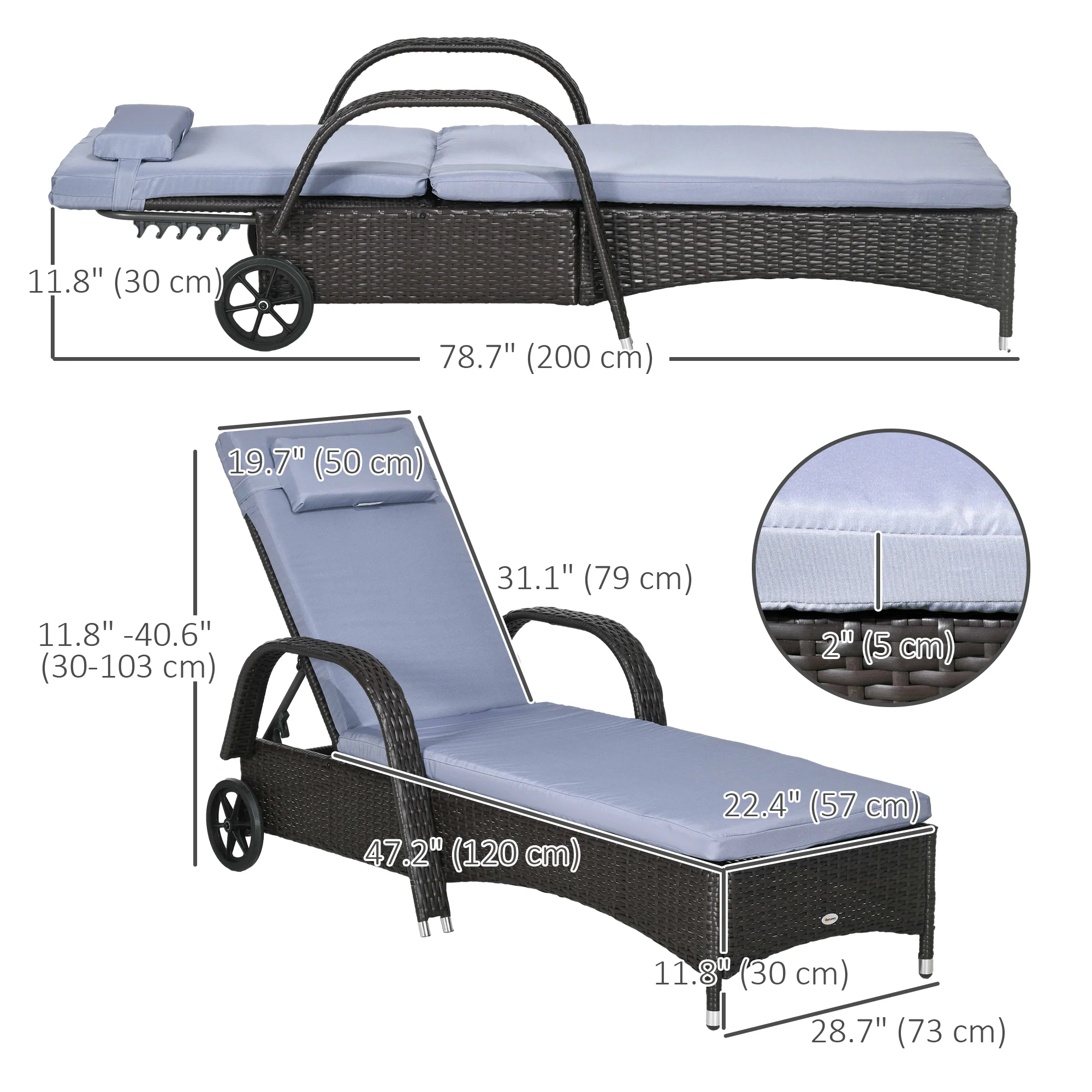 Outdoor Deck Lounge Chair with Headrest, 5-Level Adjustable, Backrest, Wheels, Silver Grey - Image 5