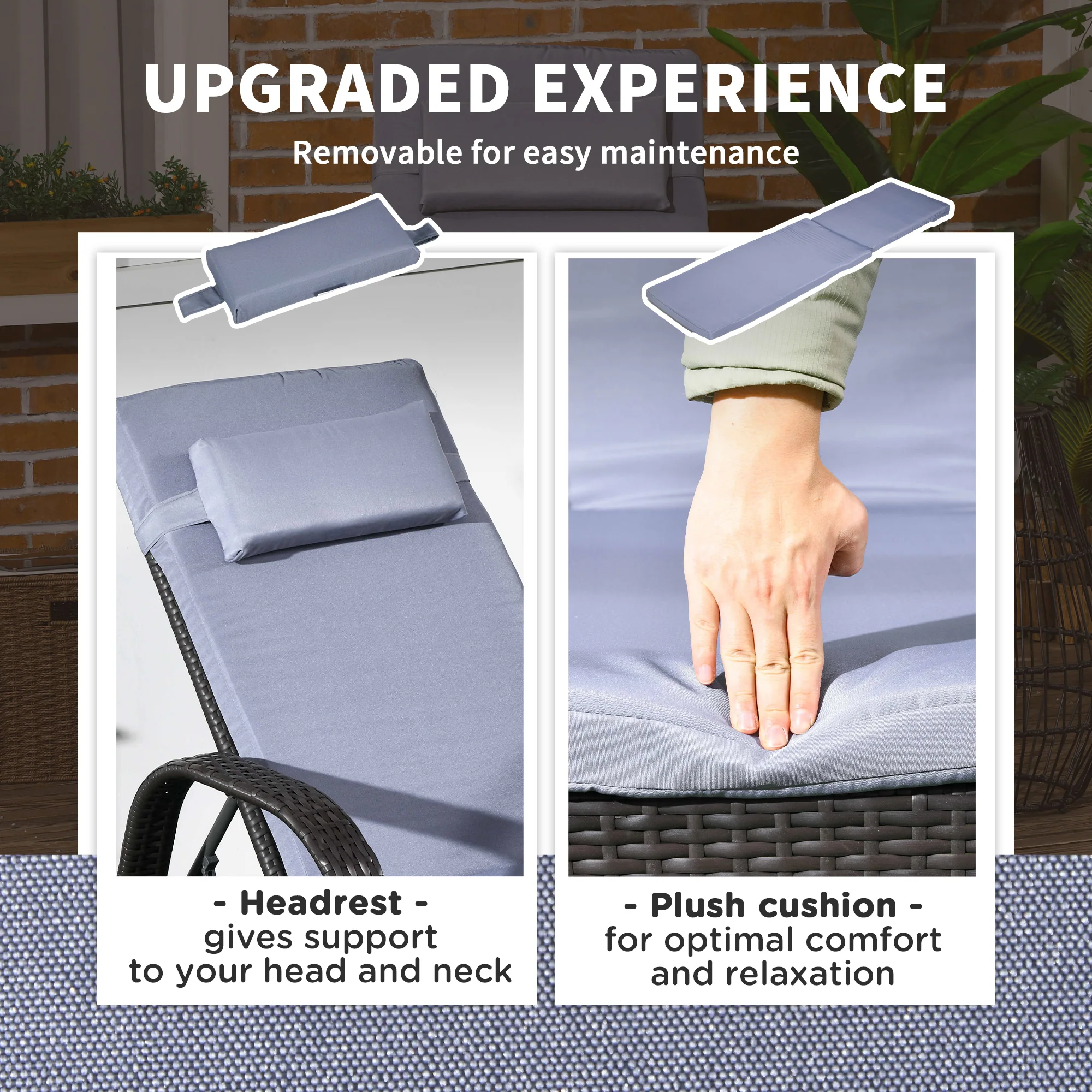 Outdoor Deck Lounge Chair with Headrest, 5-Level Adjustable, Backrest, Wheels, Silver Grey - Image 7