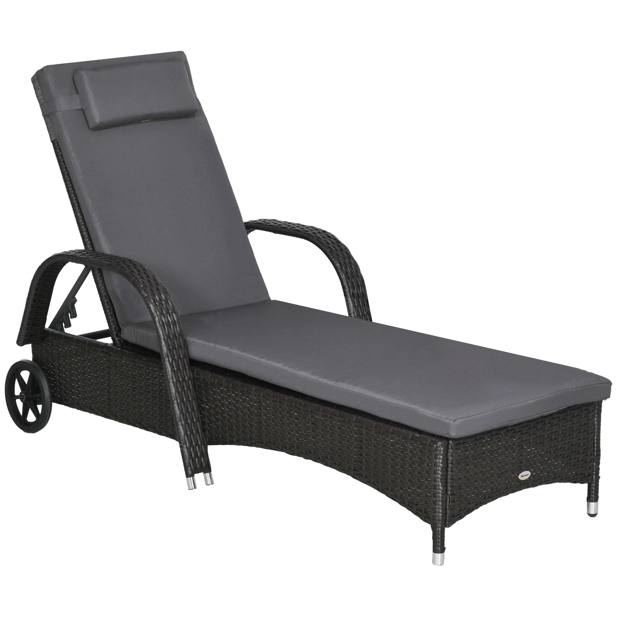 Outdoor Deck Lounge Chair with Headrest, 5-Level Adjustable, Backrest, Wheels, Med Grey