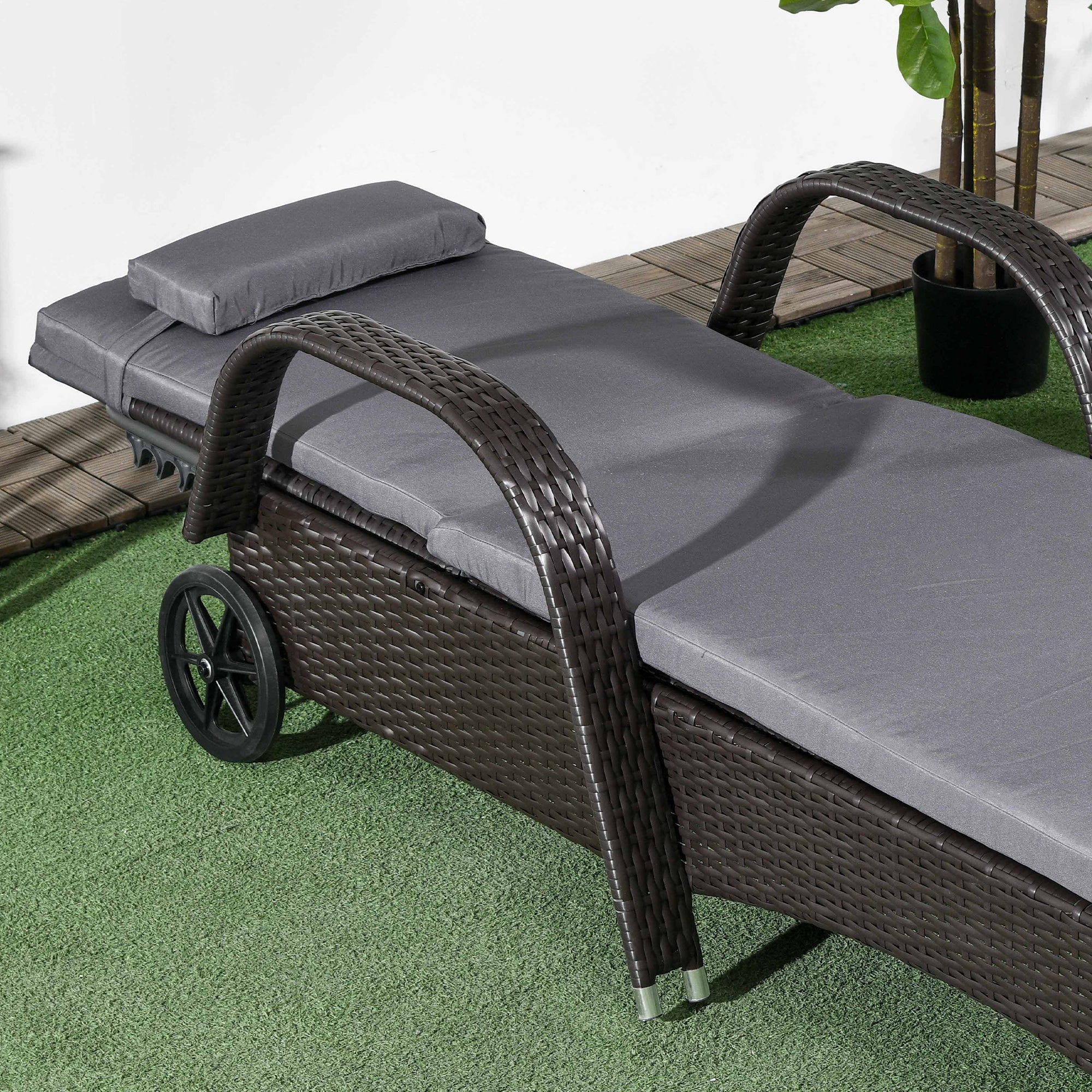Outdoor Deck Lounge Chair with Headrest, 5-Level Adjustable, Backrest, Wheels, Med Grey - Image 11