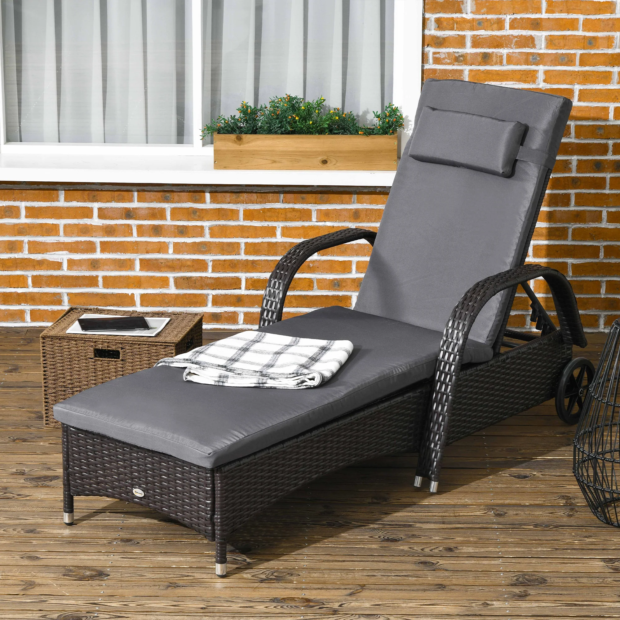 Outdoor Deck Lounge Chair with Headrest, 5-Level Adjustable, Backrest, Wheels, Med Grey - Image 4