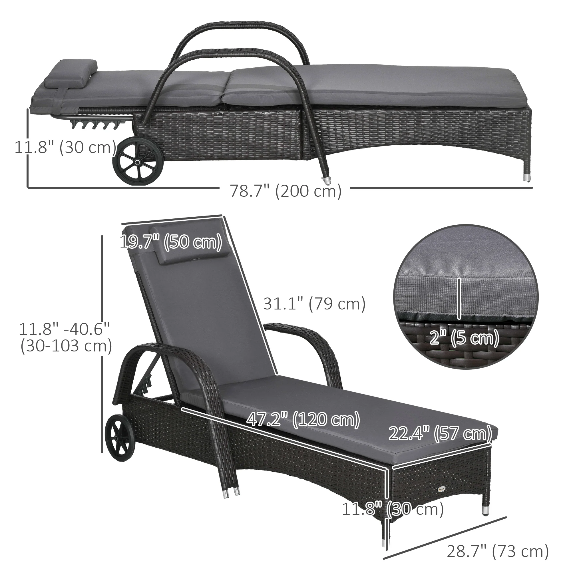 Outdoor Deck Lounge Chair with Headrest, 5-Level Adjustable, Backrest, Wheels, Med Grey - Image 5
