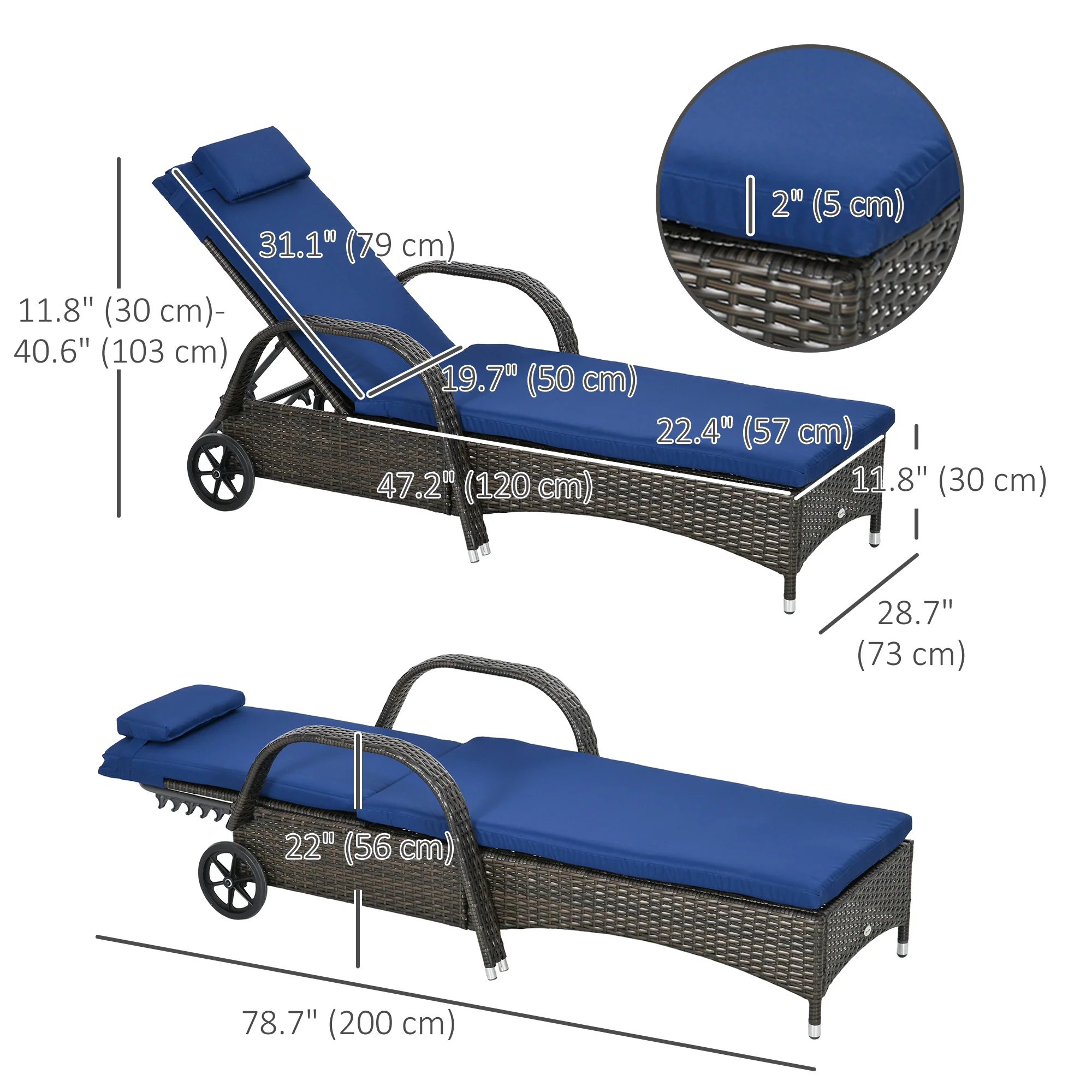 Outdoor Deck Lounge Chair with Headrest, 5-Level Adjustable, Backrest, Wheels, Dark Blue - Image 5