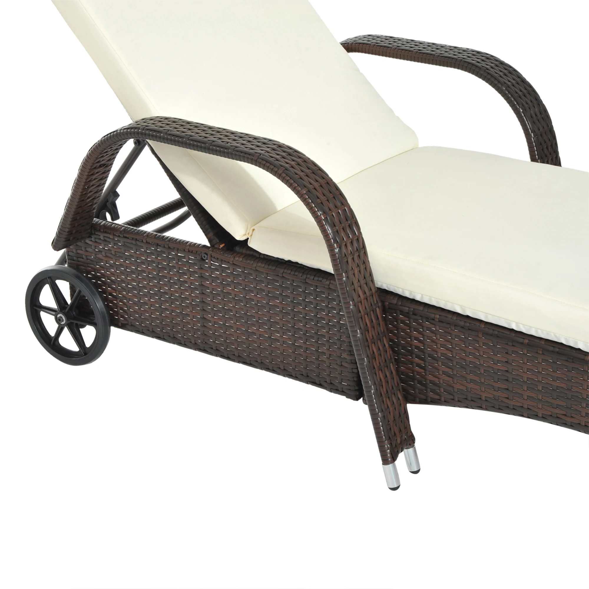 Outdoor Deck Lounge Chair with Headrest, 5-Level Adjustable, Backrest, Wheels, Cream White - Image 11