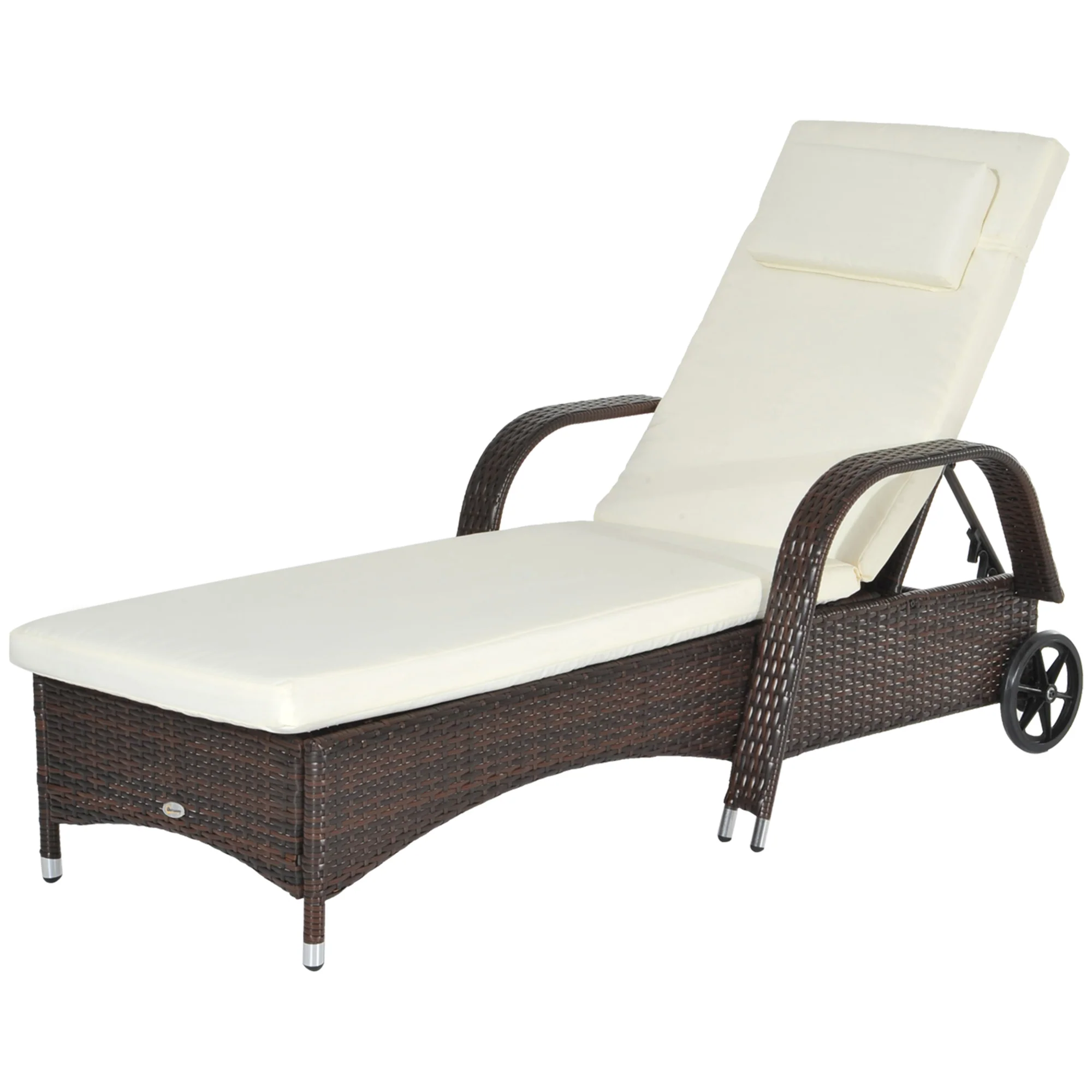 Outdoor Deck Lounge Chair with Headrest, 5-Level Adjustable, Backrest, Wheels, Cream White - Image 2