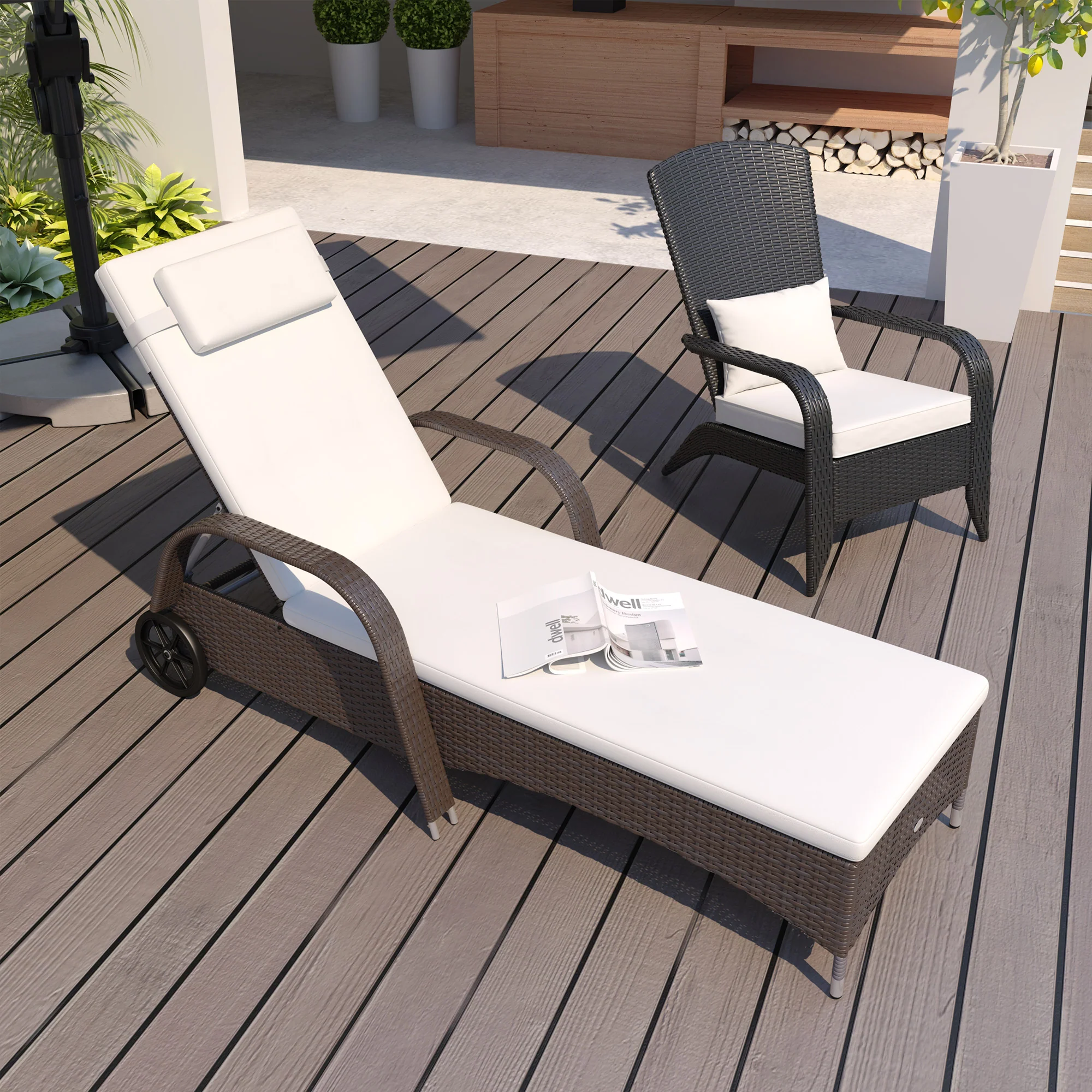 Outdoor Deck Lounge Chair with Headrest, 5-Level Adjustable, Backrest, Wheels, Cream White - Image 3