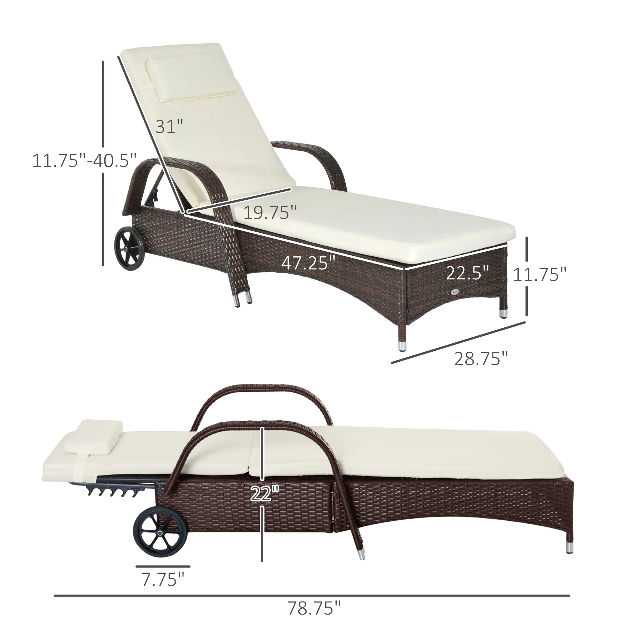 Outdoor Deck Lounge Chair with Headrest, 5-Level Adjustable, Backrest, Wheels, Cream White - Image 5