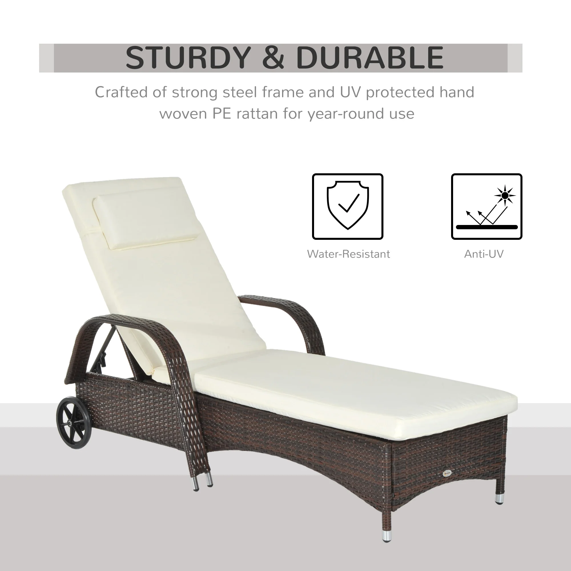 Outdoor Deck Lounge Chair with Headrest, 5-Level Adjustable, Backrest, Wheels, Cream White - Image 6