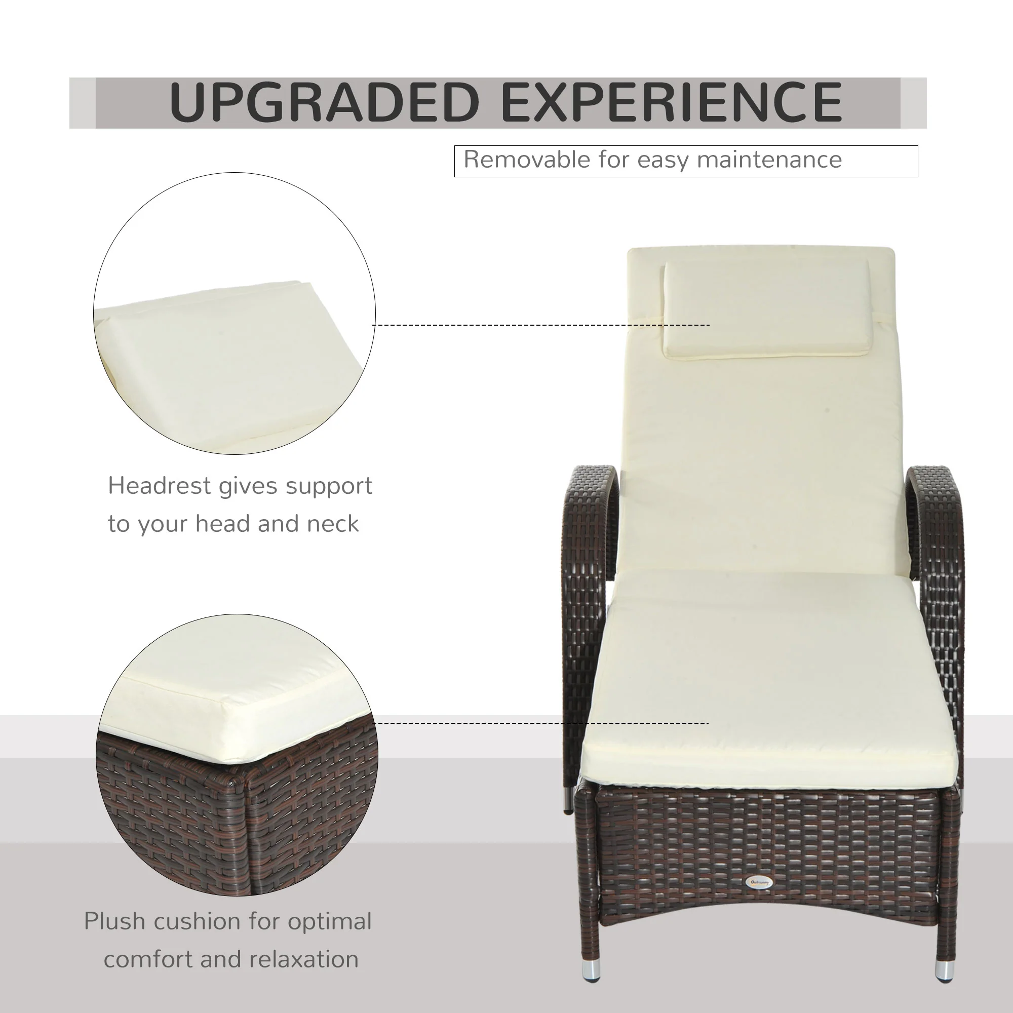 Outdoor Deck Lounge Chair with Headrest, 5-Level Adjustable, Backrest, Wheels, Cream White - Image 7