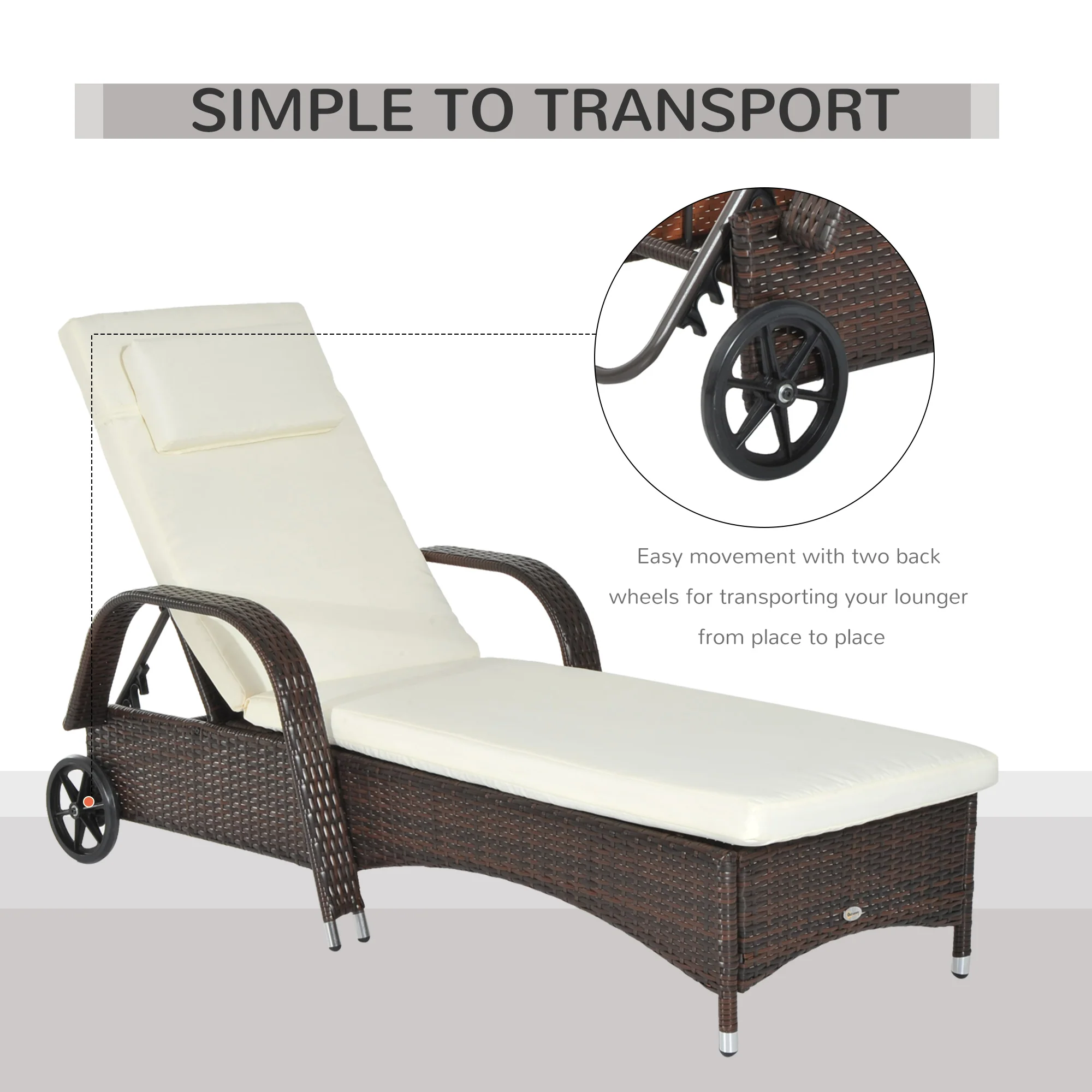 Outdoor Deck Lounge Chair with Headrest, 5-Level Adjustable, Backrest, Wheels, Cream White - Image 9