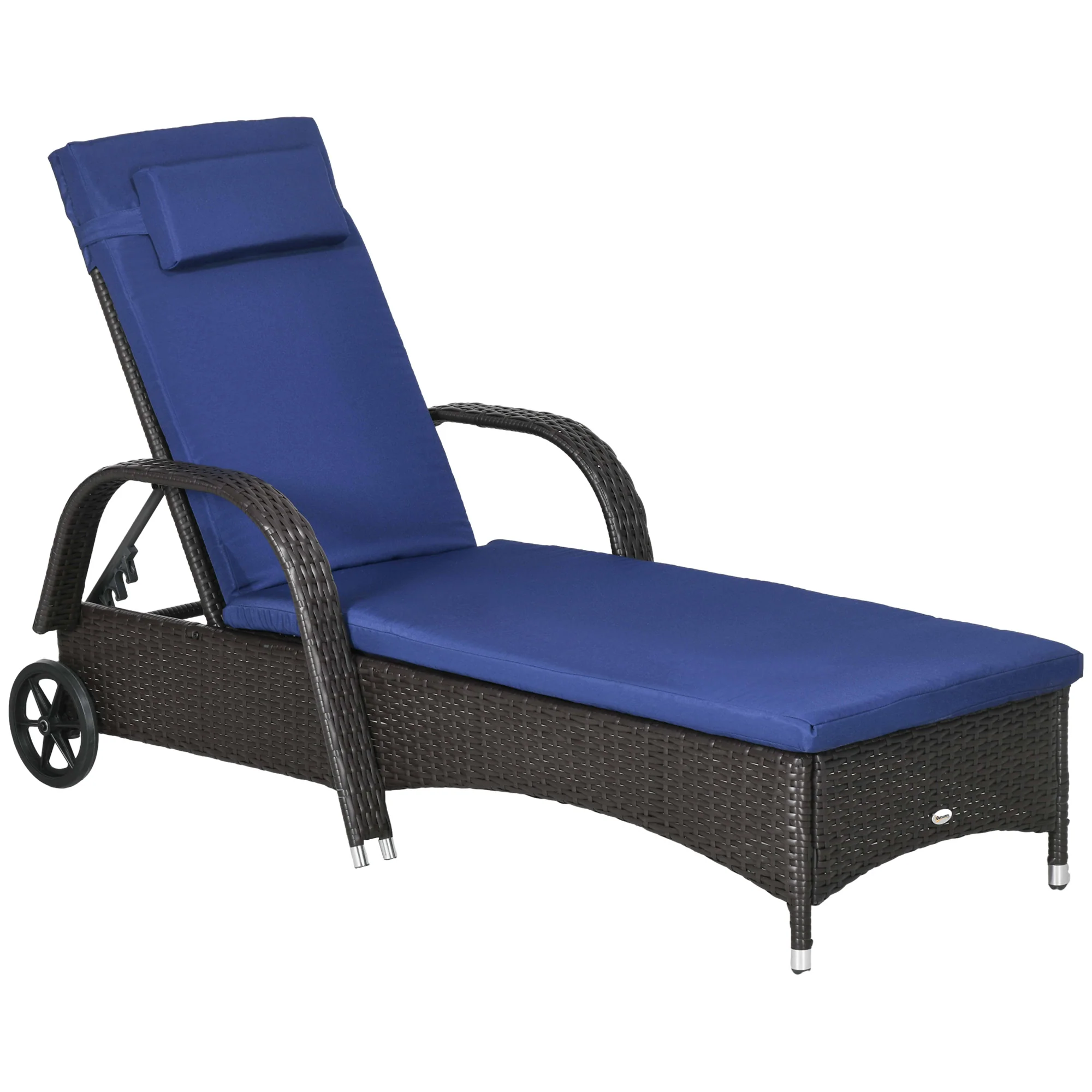 Outdoor Deck Lounge Chair with Headrest, 5-Level Adjustable, Backrest, Wheels, Navy Blue - Image 12
