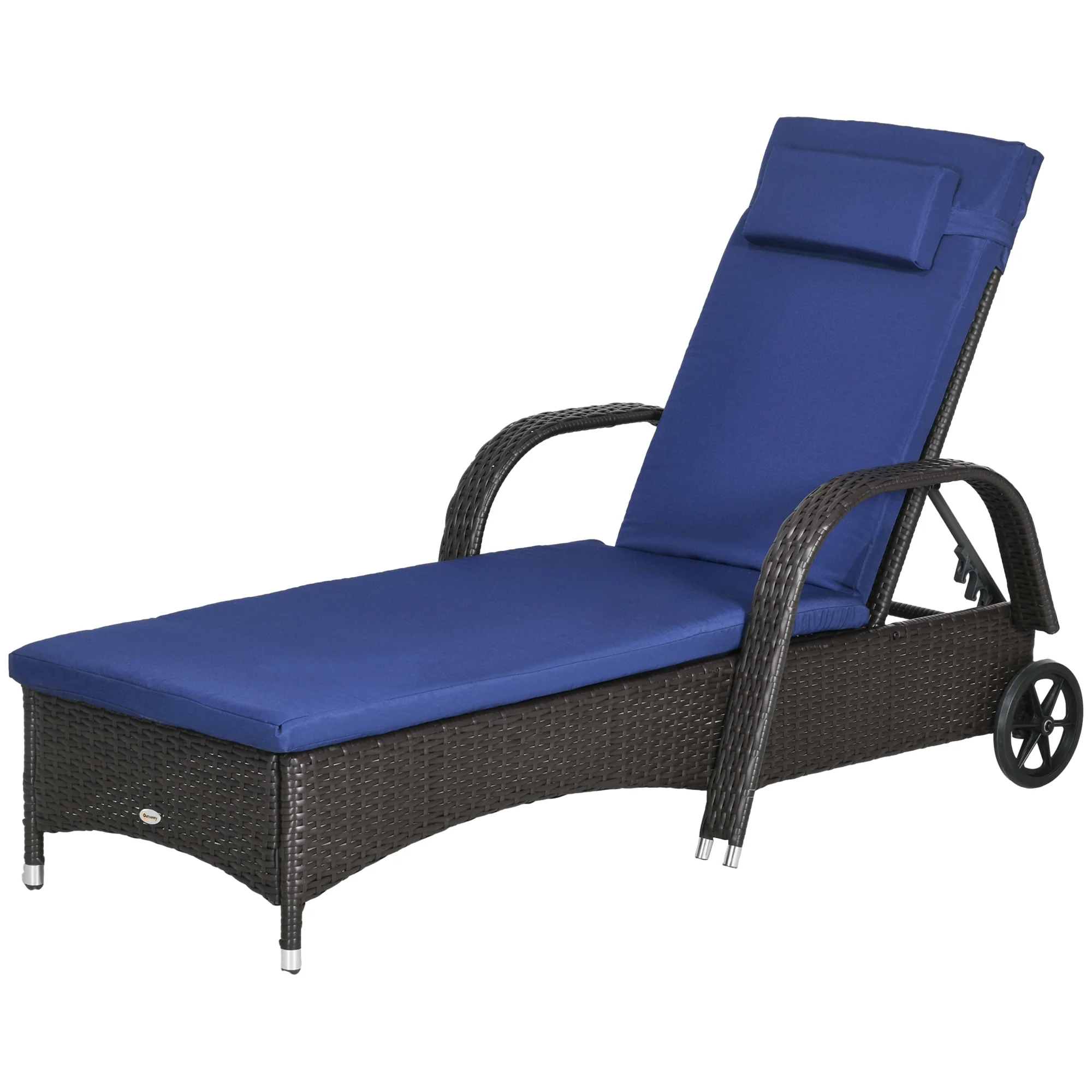 Outdoor Deck Lounge Chair with Headrest, 5-Level Adjustable, Backrest, Wheels, Navy Blue - Image 2