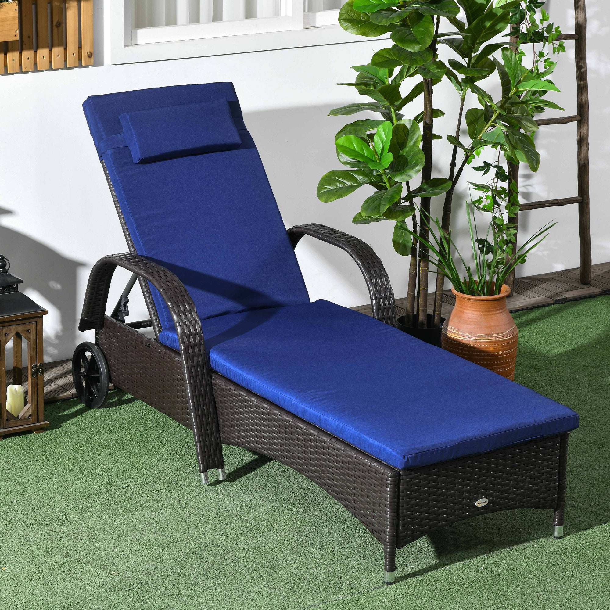 Outdoor Deck Lounge Chair with Headrest, 5-Level Adjustable, Backrest, Wheels, Navy Blue - Image 3