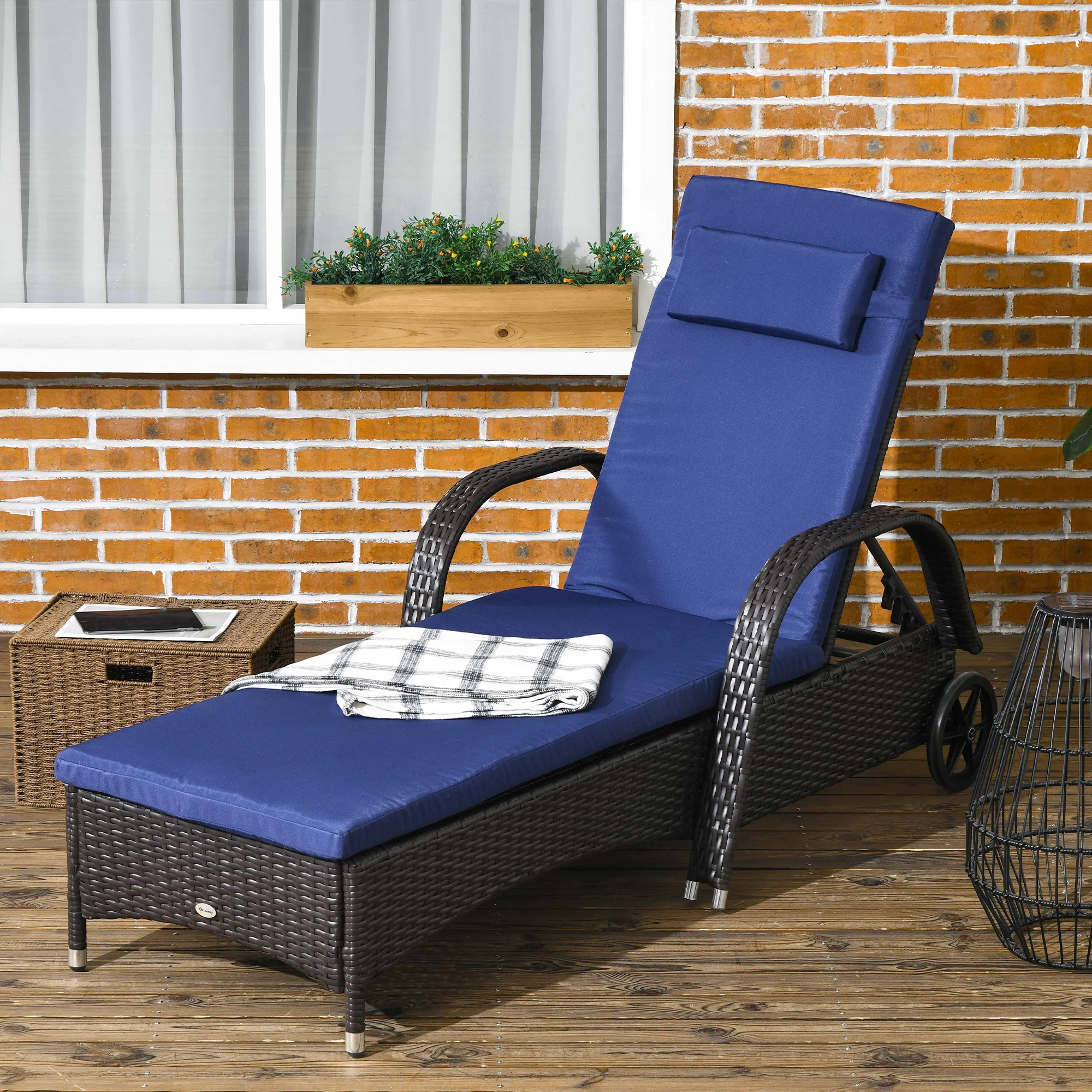 Outdoor Deck Lounge Chair with Headrest, 5-Level Adjustable, Backrest, Wheels, Navy Blue - Image 4