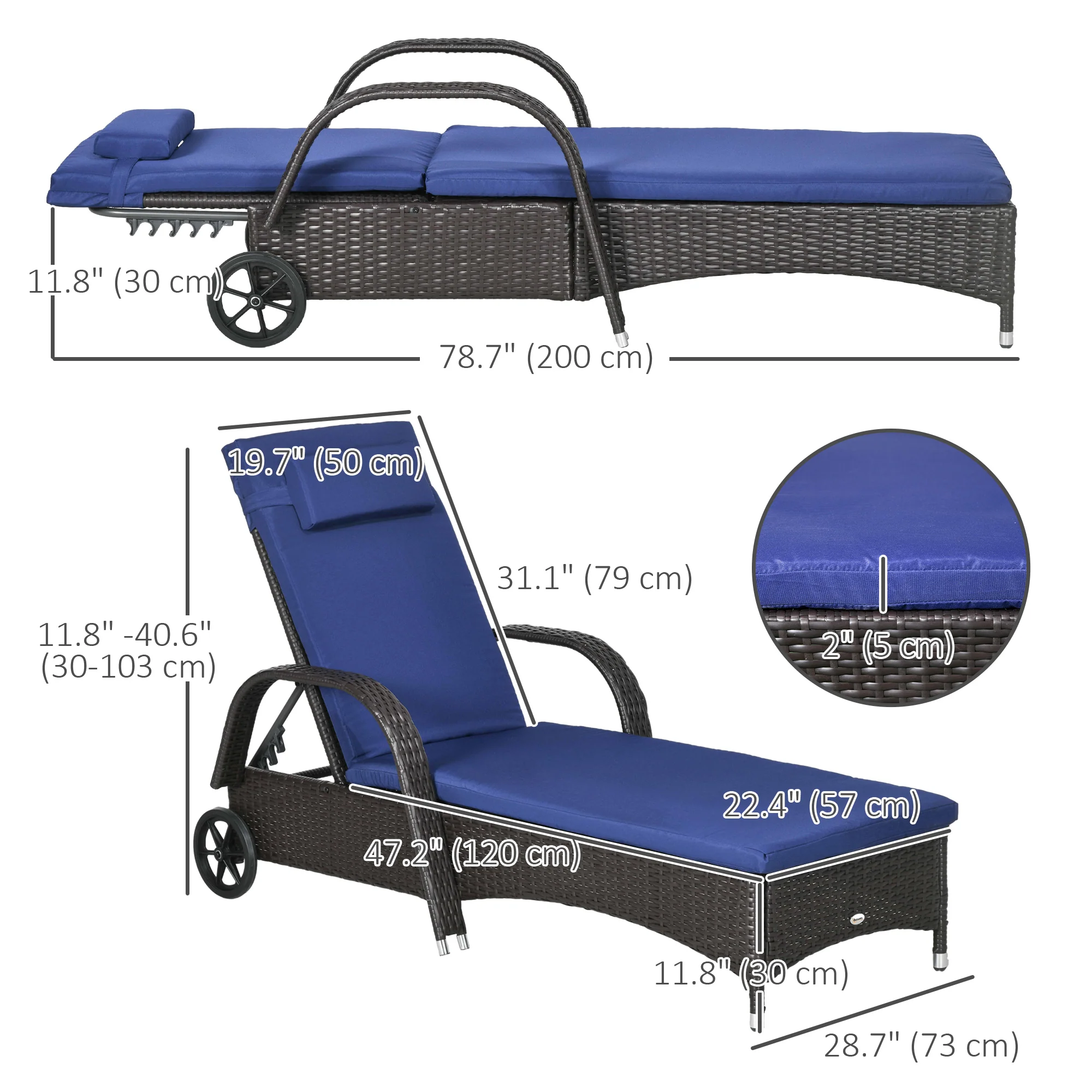Outdoor Deck Lounge Chair with Headrest, 5-Level Adjustable, Backrest, Wheels, Navy Blue - Image 5
