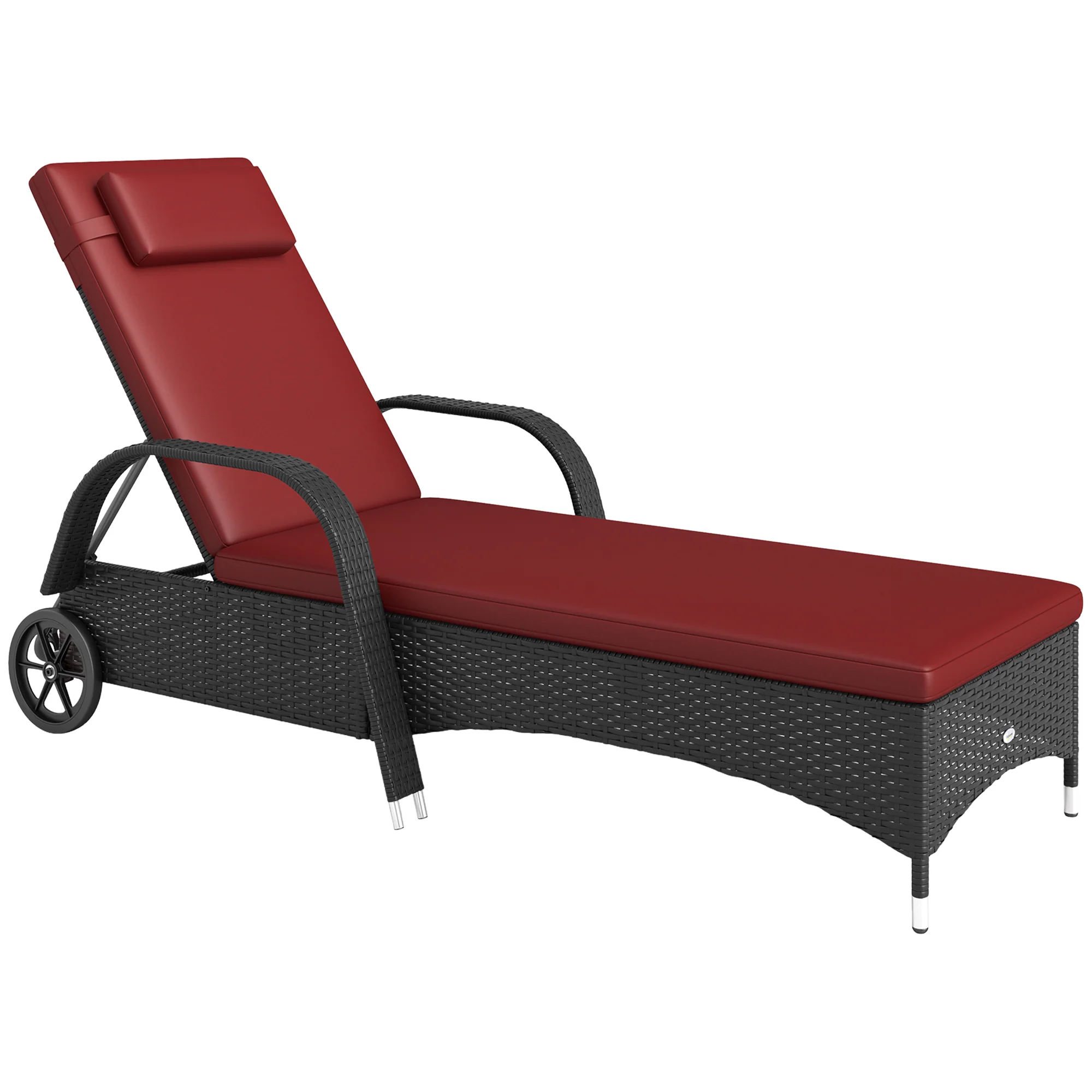 Outdoor Deck Lounge Chair with Headrest, 5-Level Adjustable, Backrest, Wheels, Wine Red - Image 12