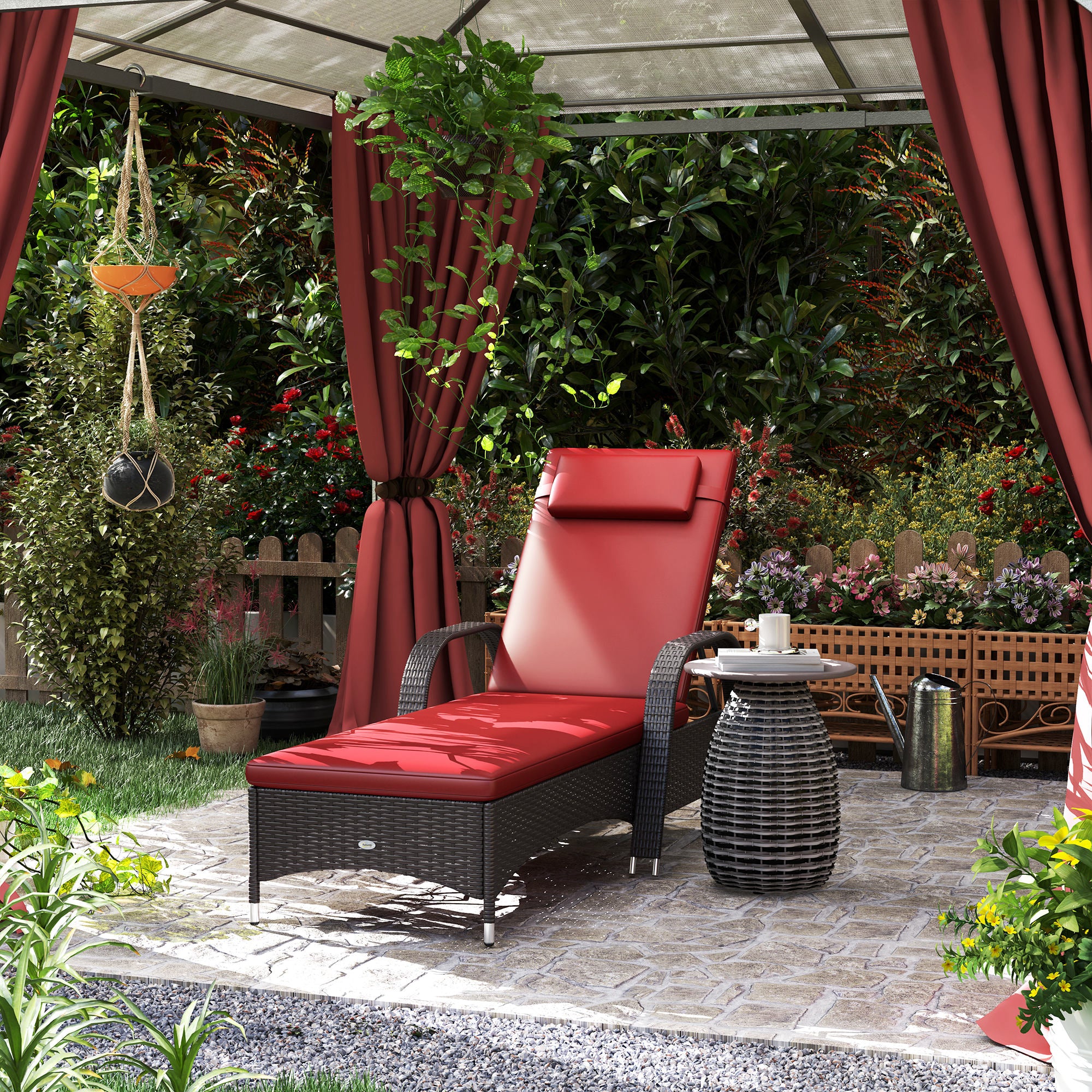 Outdoor Deck Lounge Chair with Headrest, 5-Level Adjustable, Backrest, Wheels, Wine Red - Image 3