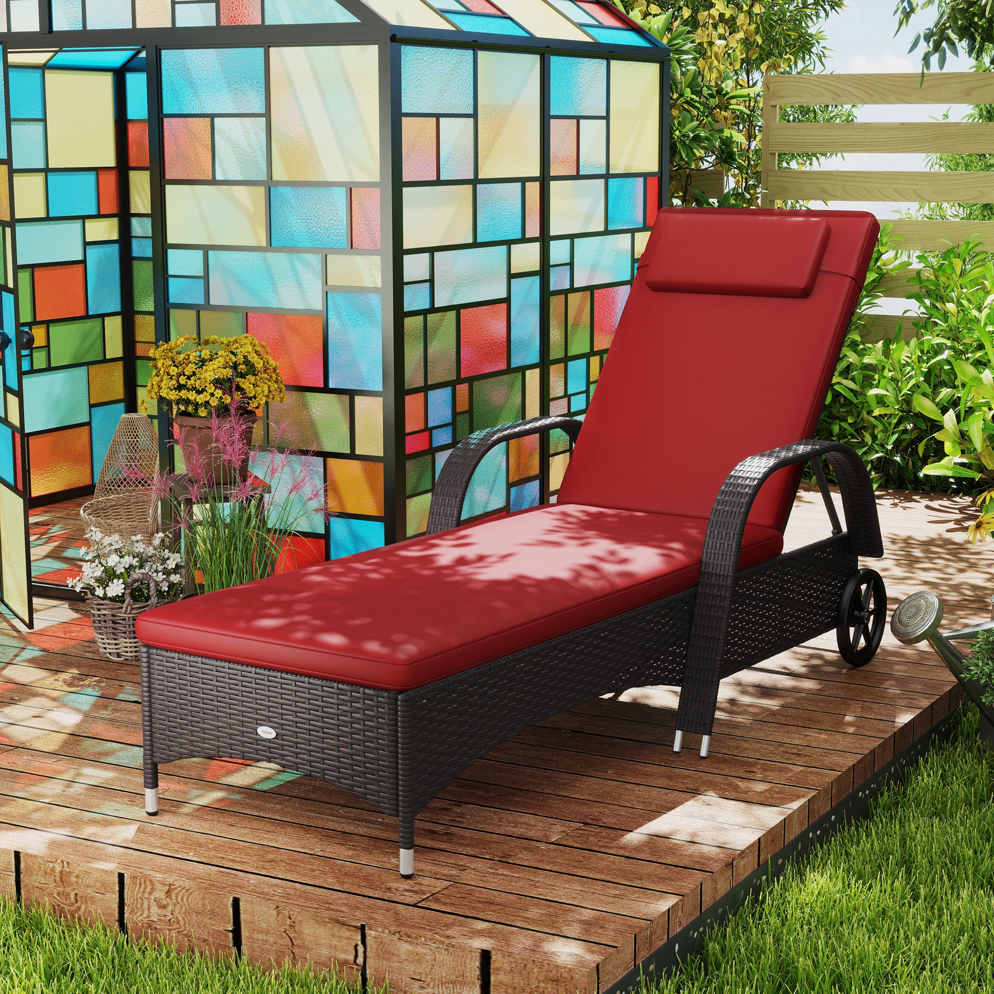 Outdoor Deck Lounge Chair with Headrest, 5-Level Adjustable, Backrest, Wheels, Wine Red - Image 4