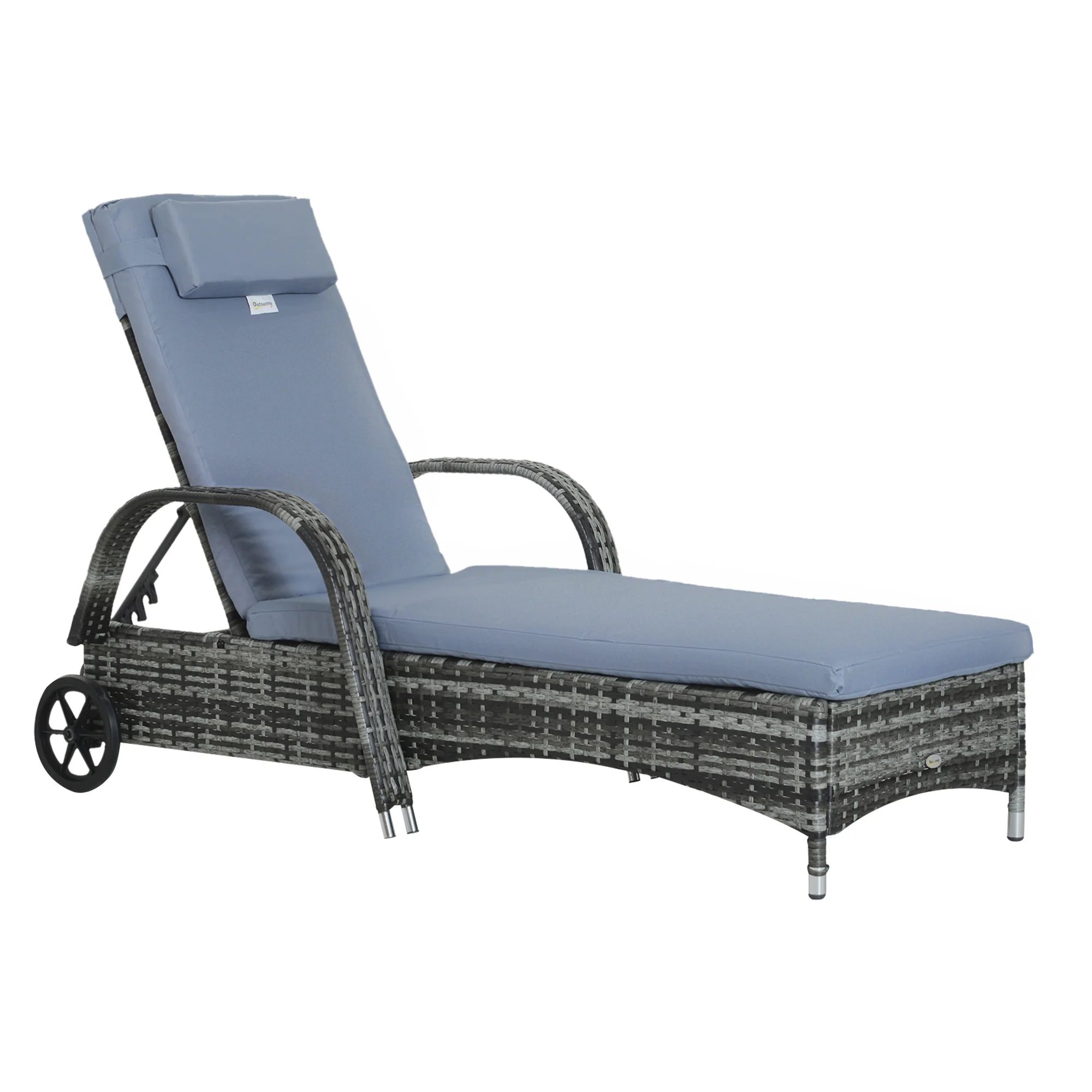Outdoor Deck Lounge Chair with Headrest, 5-Level Adjustable, Backrest, Wheels, Mixed Grey - Image 12