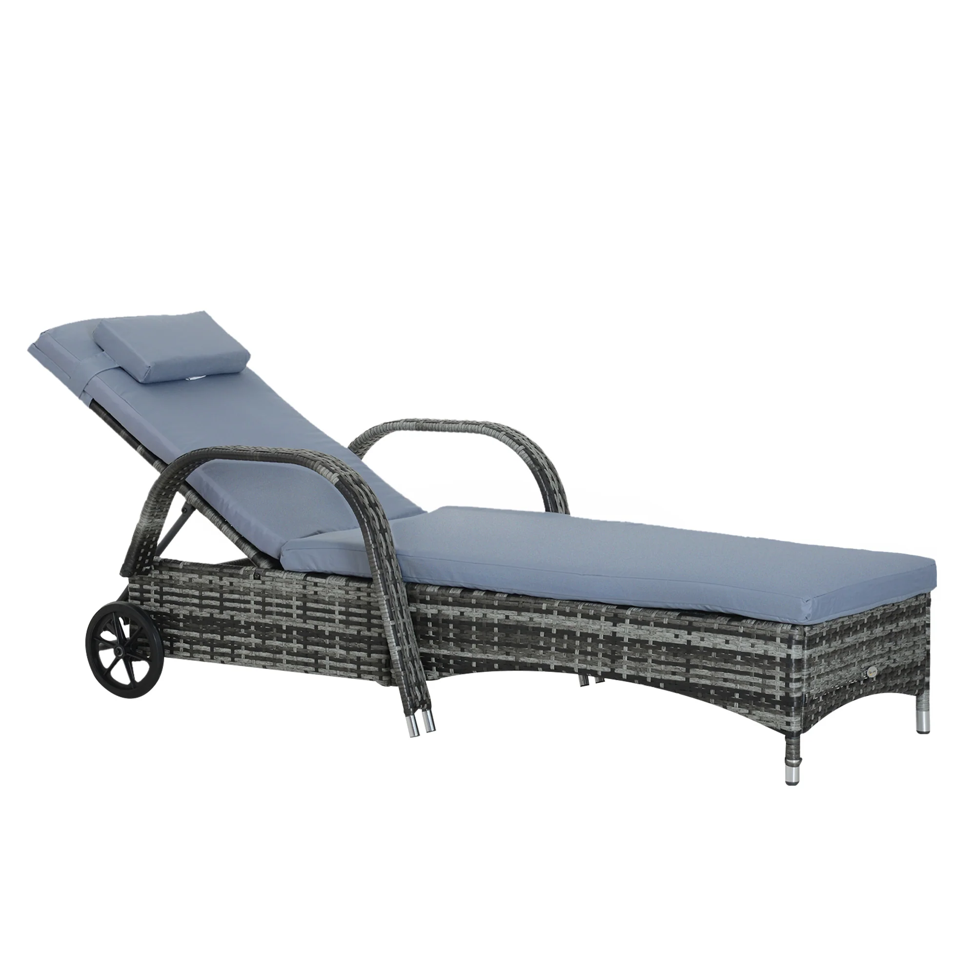 Outdoor Deck Lounge Chair with Headrest, 5-Level Adjustable, Backrest, Wheels, Mixed Grey - Image 2