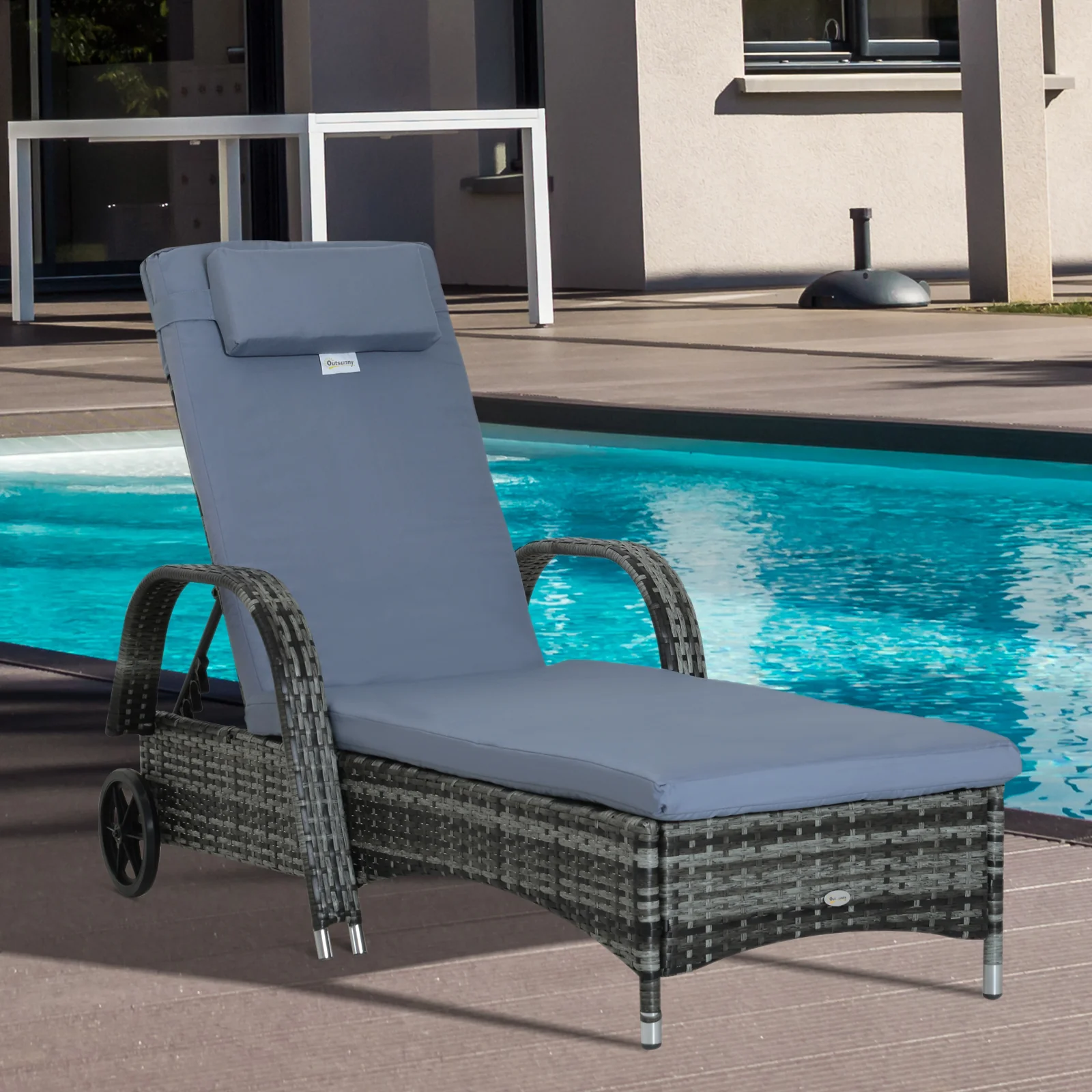 Outdoor Deck Lounge Chair with Headrest, 5-Level Adjustable, Backrest, Wheels, Mixed Grey - Image 3
