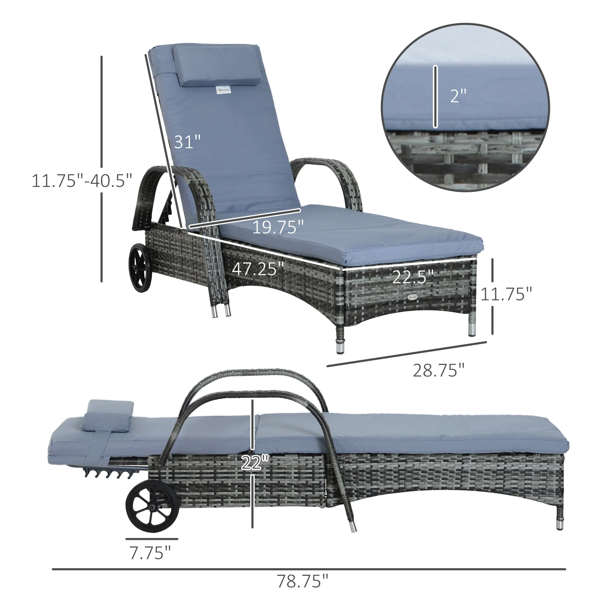 Outdoor Deck Lounge Chair with Headrest, 5-Level Adjustable, Backrest, Wheels, Mixed Grey - Image 5
