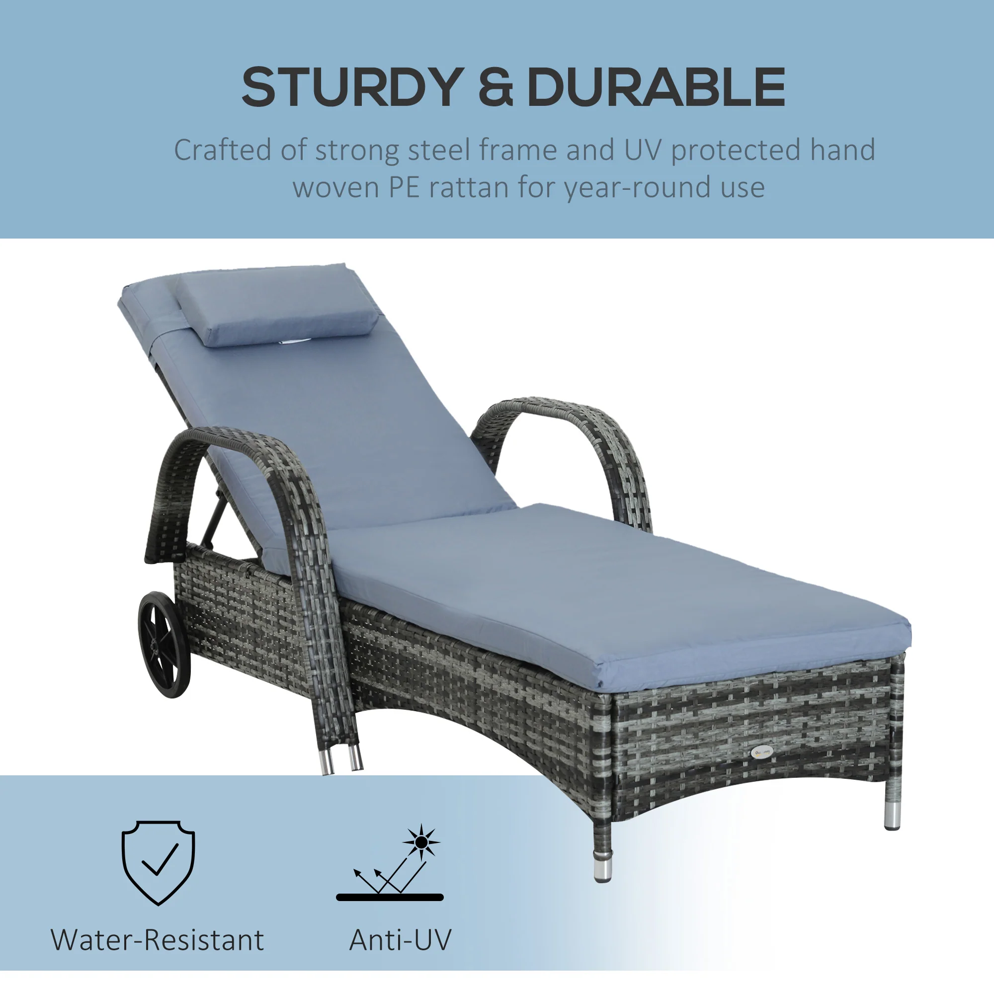 Outdoor Deck Lounge Chair with Headrest, 5-Level Adjustable, Backrest, Wheels, Mixed Grey - Image 6