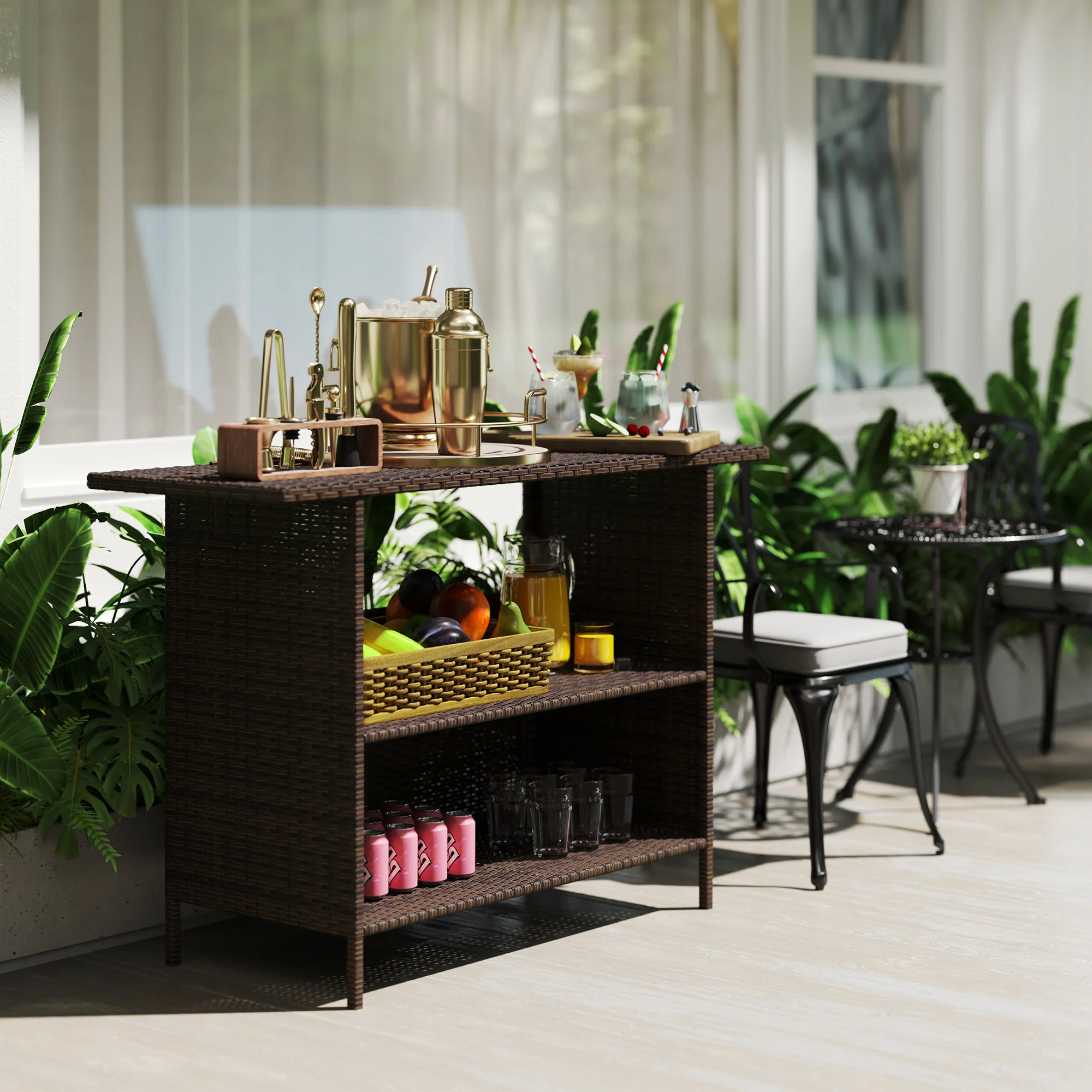 Wicker Outdoor PE Rattan Patio Table with 2 Shelves & Steel Frame, All Weather, Dark Brown - Image 10
