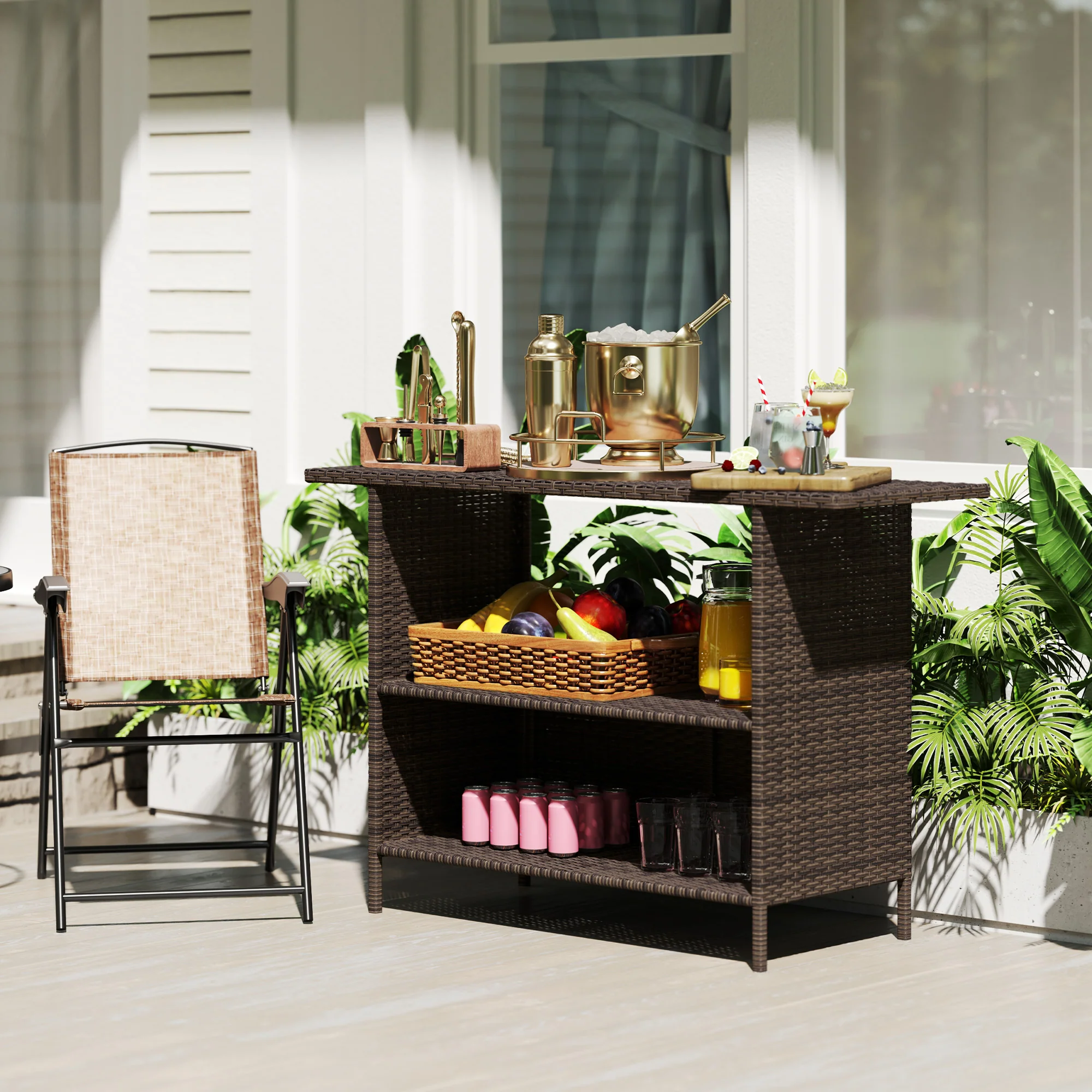 Wicker Outdoor PE Rattan Patio Table with 2 Shelves & Steel Frame, All Weather, Dark Brown - Image 11