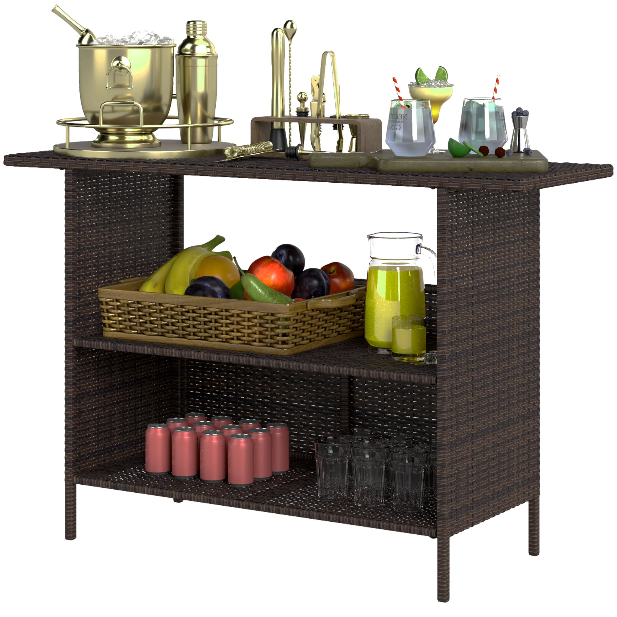 Wicker Outdoor PE Rattan Patio Table with 2 Shelves & Steel Frame, All Weather, Dark Brown - Image 2