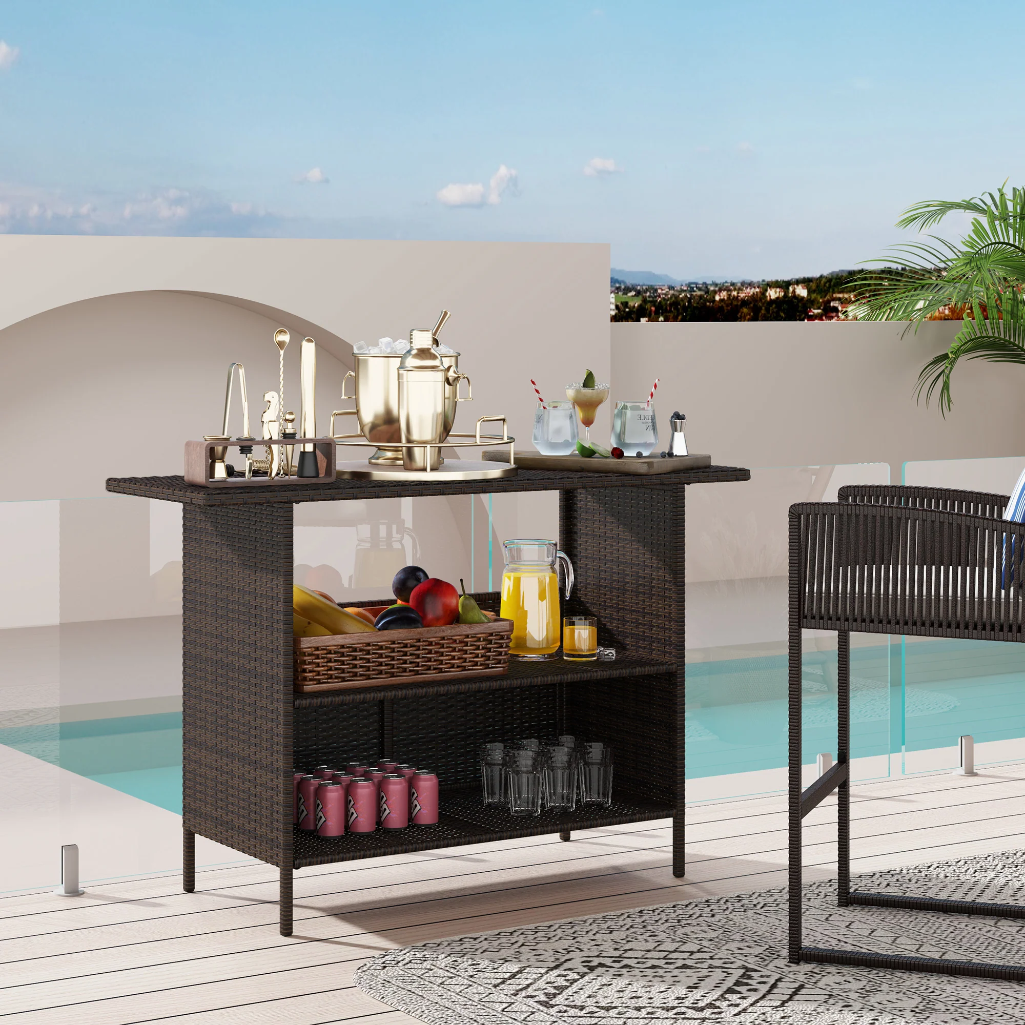 Wicker Outdoor PE Rattan Patio Table with 2 Shelves & Steel Frame, All Weather, Dark Brown - Image 3