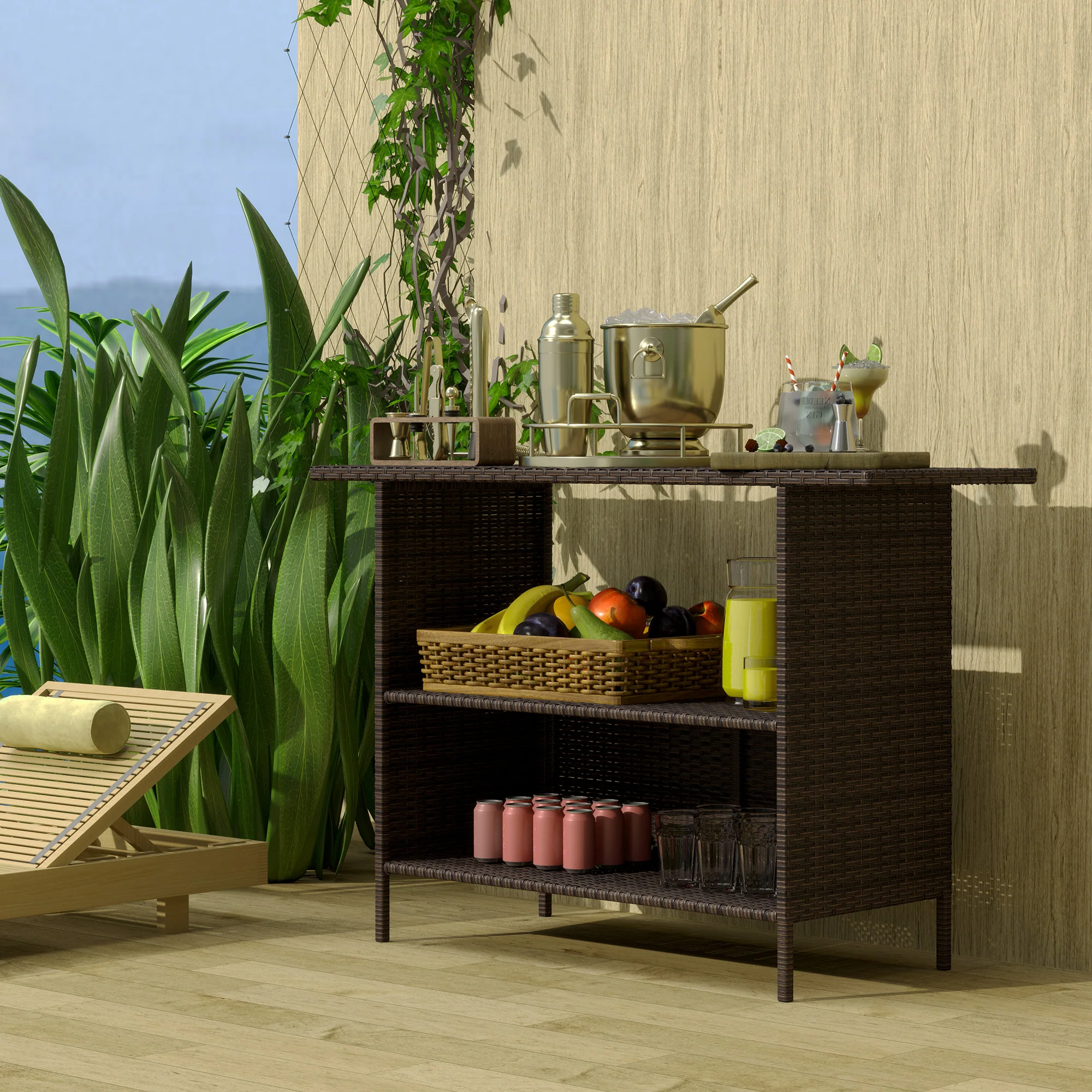 Wicker Outdoor PE Rattan Patio Table with 2 Shelves & Steel Frame, All Weather, Dark Brown - Image 4